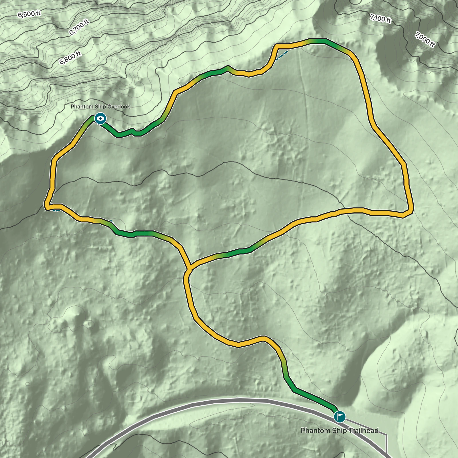 Terrain map of Sun Notch Trail in Crater Lake National Park