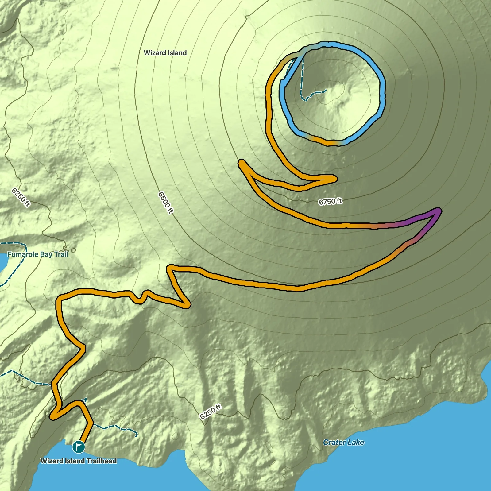 Terrain map of Wizard Island Summit Trail in Crater Lake National Park