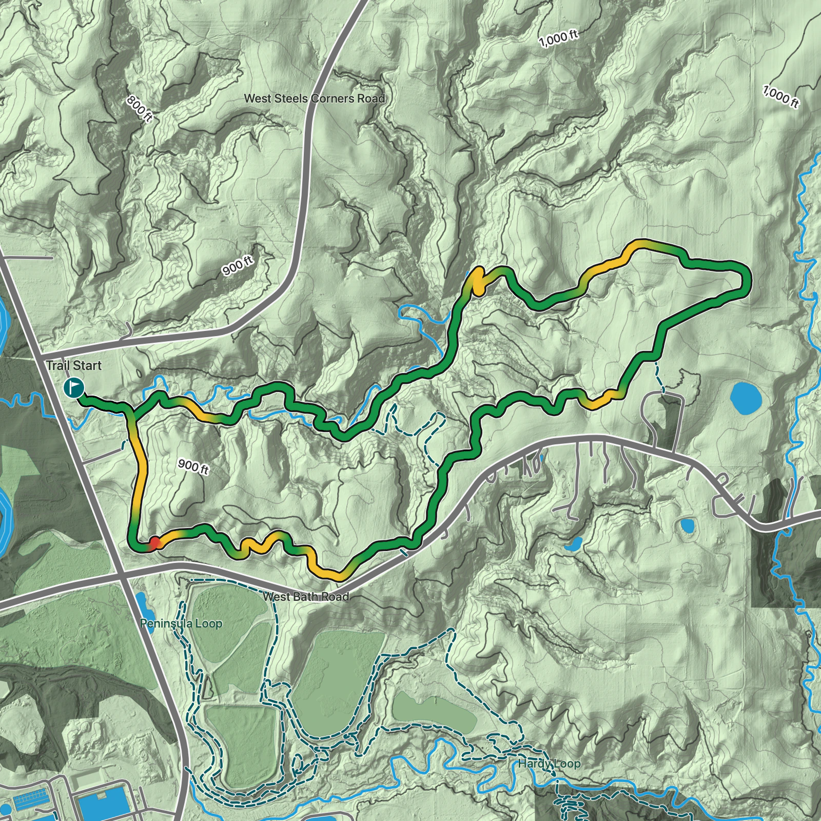 Terrain map of Adam Run Trail in Cuyahoga Valley National Park