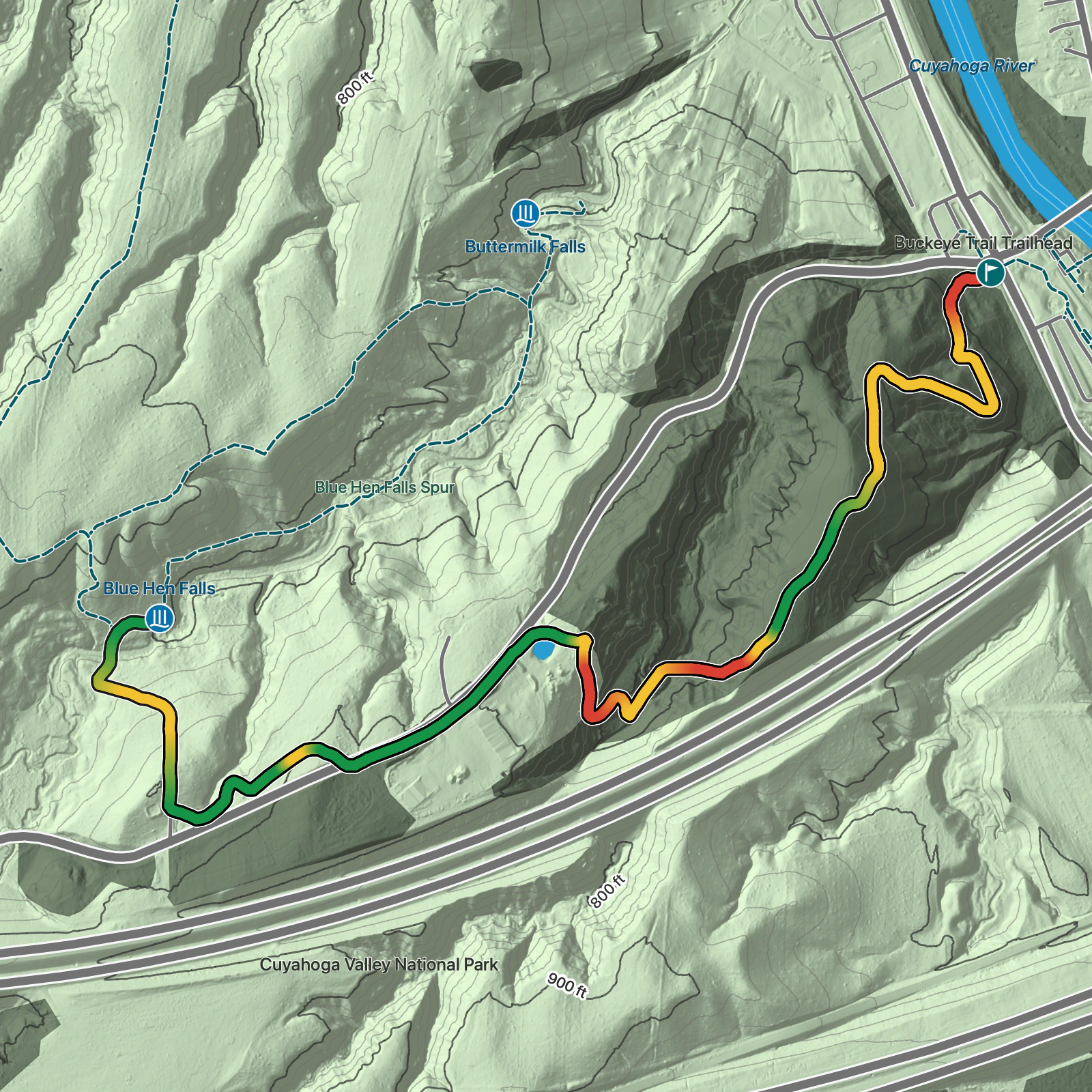 Terrain map of Blue Hen Falls from Boston Mill in Cuyahoga Valley National Park