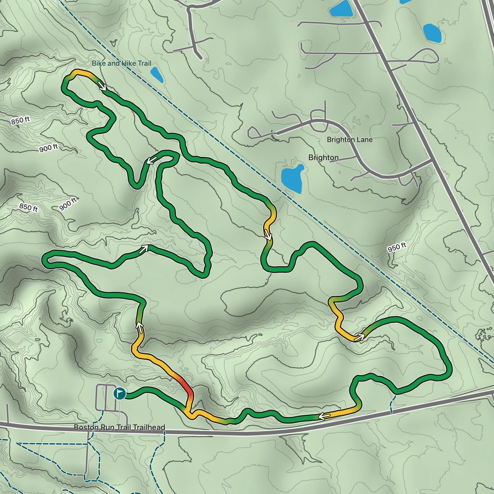 Terrain map of Boston Run Trail in Cuyahoga Valley National Park