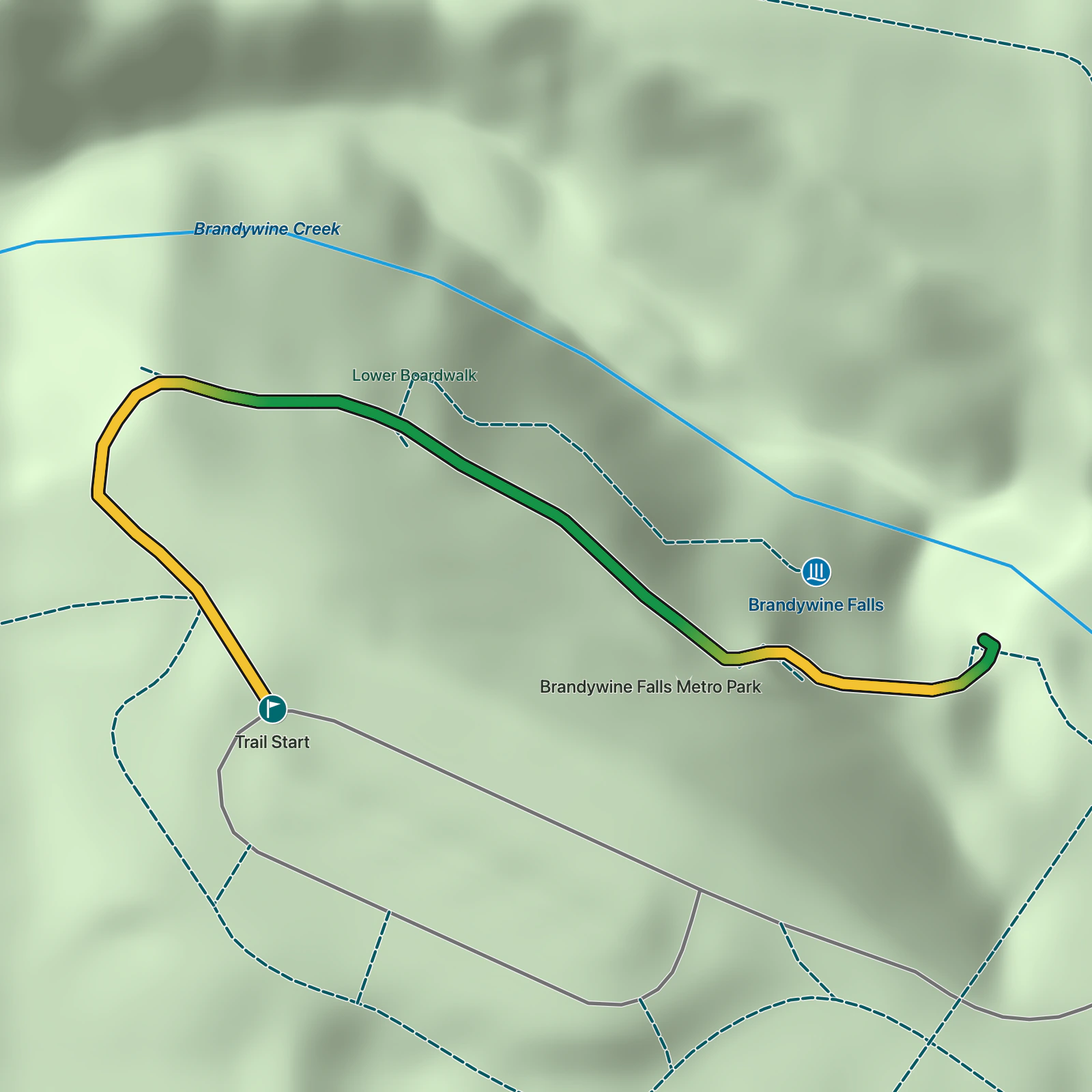 Terrain map of Brandywine Falls Boardwalk in Cuyahoga Valley National Park