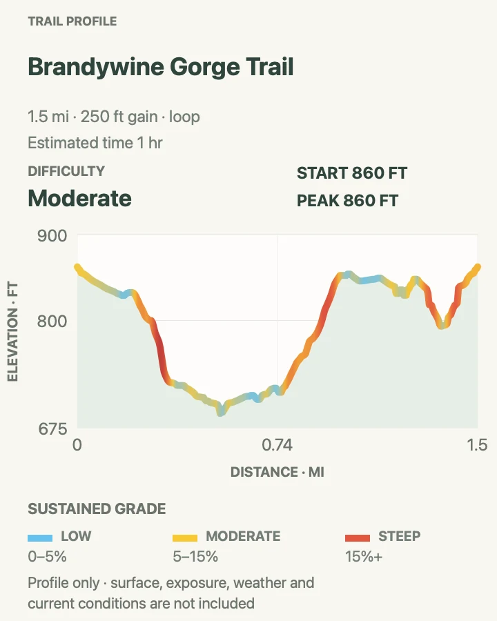 Elevation profile for Brandywine Gorge Trail in Cuyahoga Valley National Park