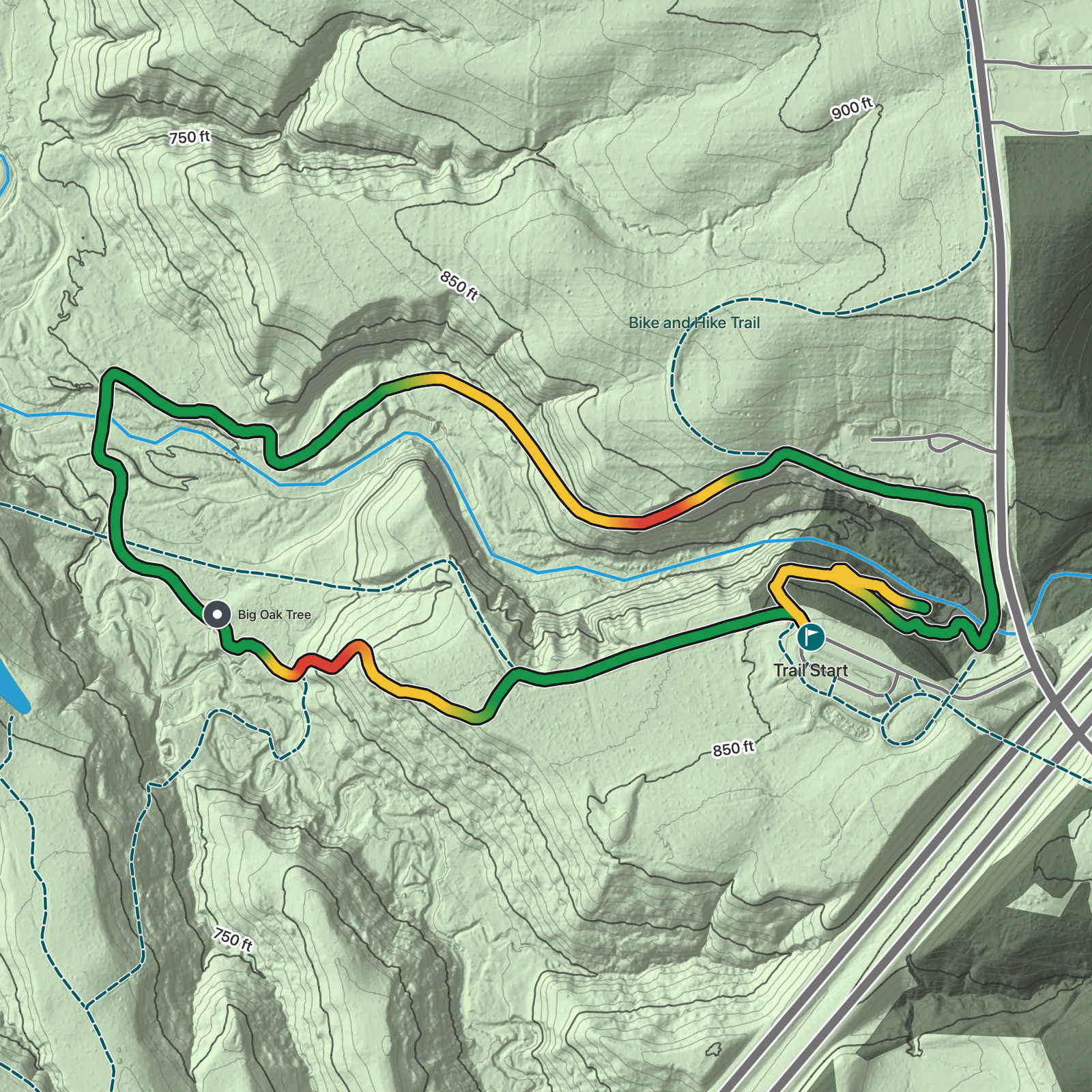 Terrain map of Brandywine Gorge Trail in Cuyahoga Valley National Park