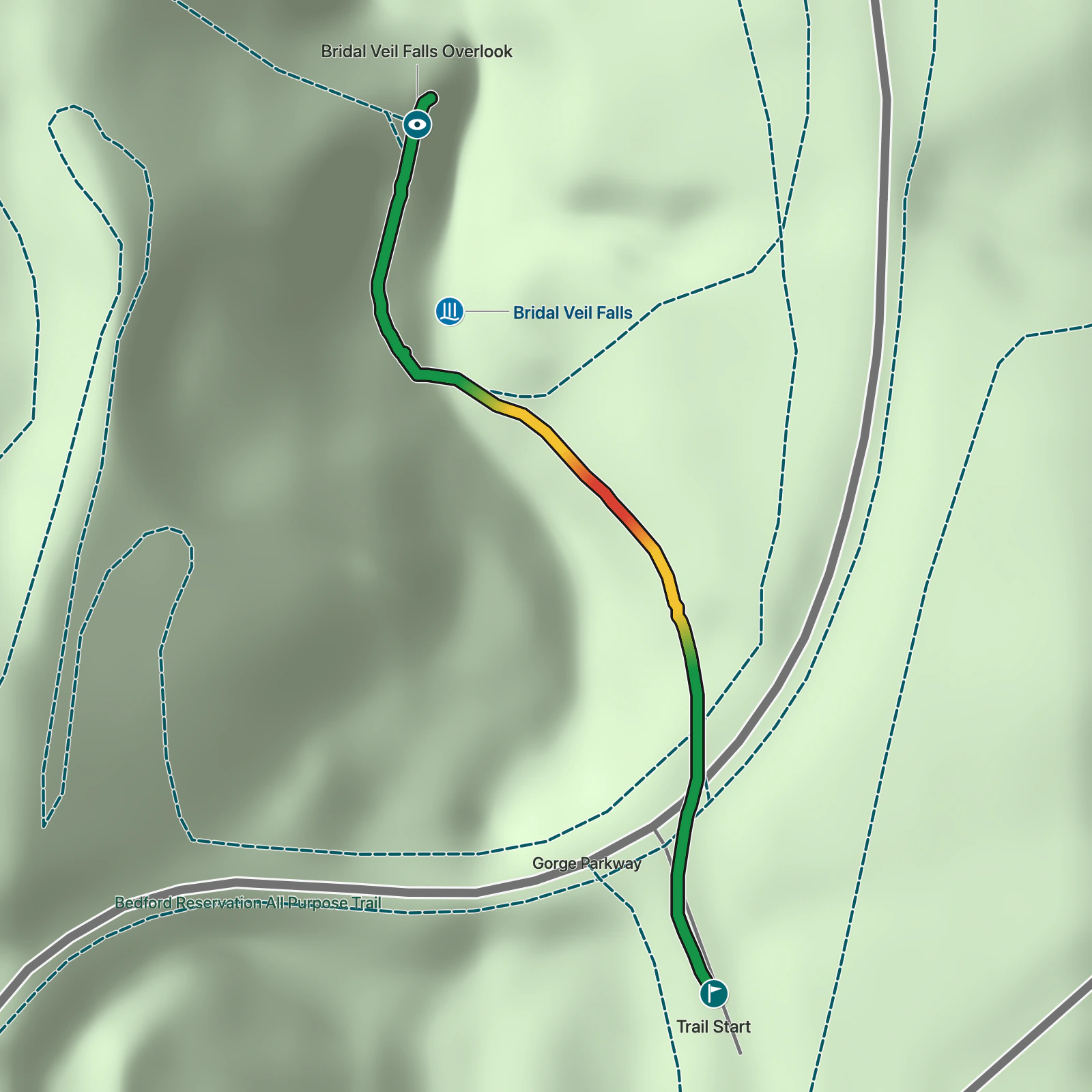 Terrain map of Bridal Veil Falls Overlook in Cuyahoga Valley National Park