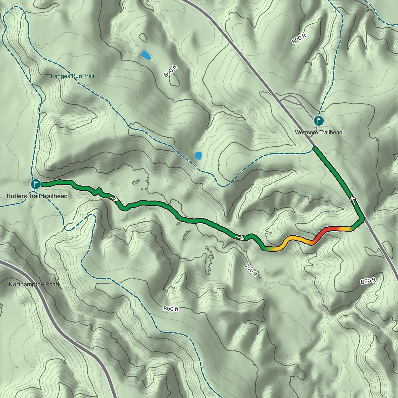 Terrain map of Butlers Trail in Cuyahoga Valley National Park