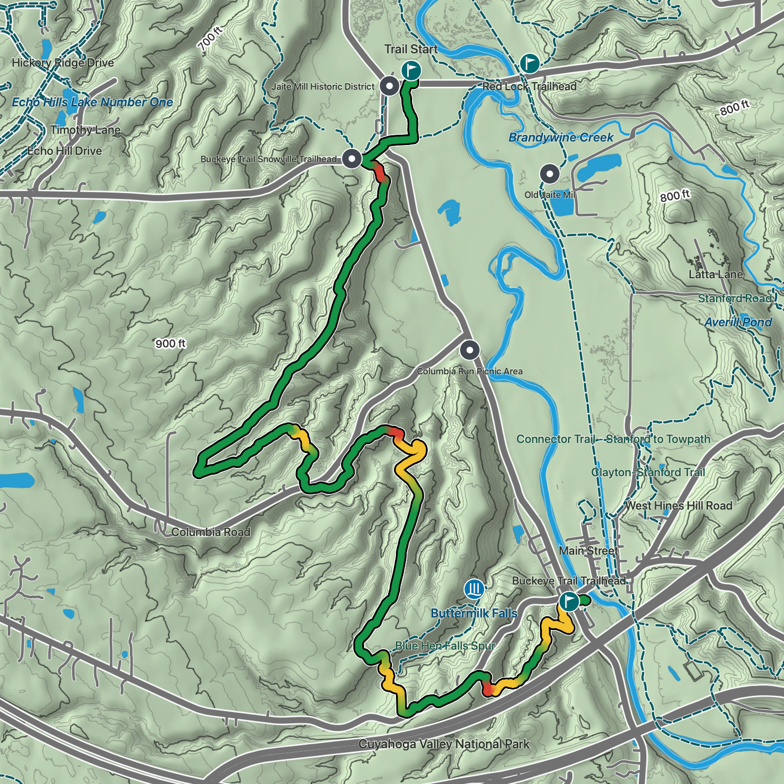 Terrain map of Jaite to Boston via Buckeye Trail in Cuyahoga Valley National Park