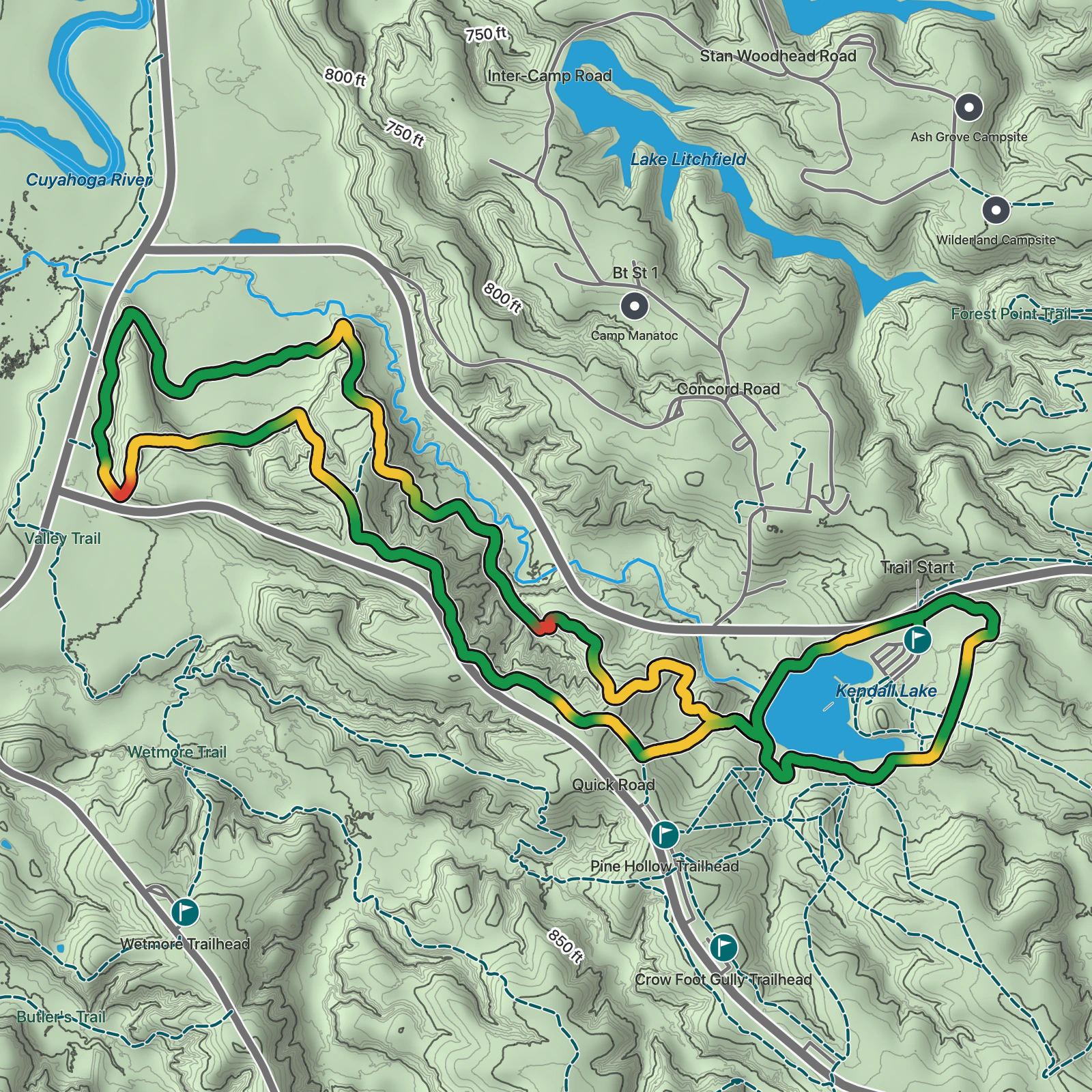 Terrain map of Kendall Lake and Salt Run Circuit in Cuyahoga Valley National Park