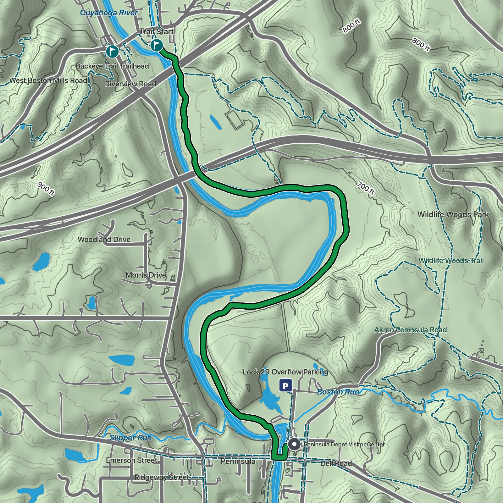 Terrain map of Towpath: Boston Mills to Peninsula in Cuyahoga Valley National Park