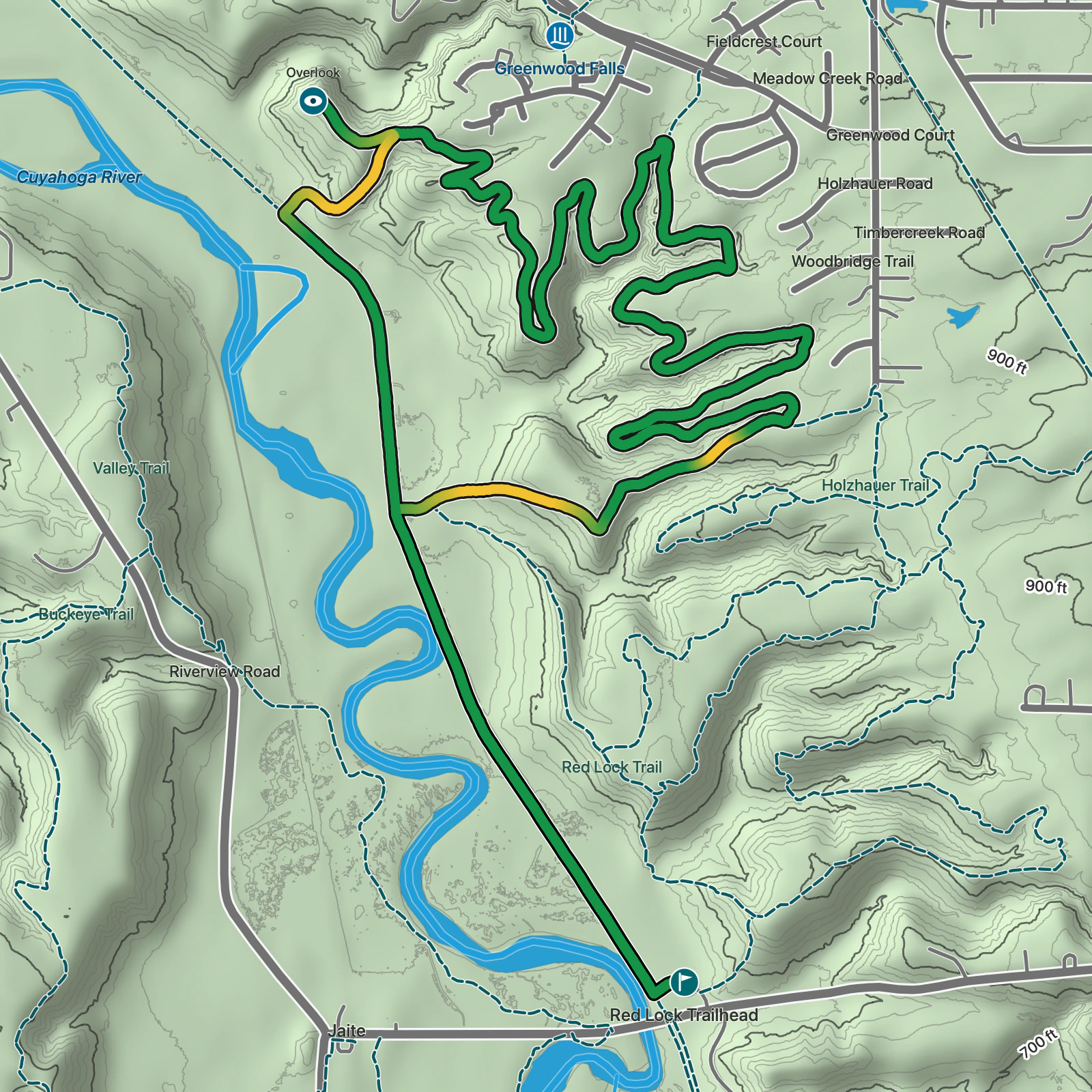 Terrain map of Old Carriage Trail in Cuyahoga Valley National Park
