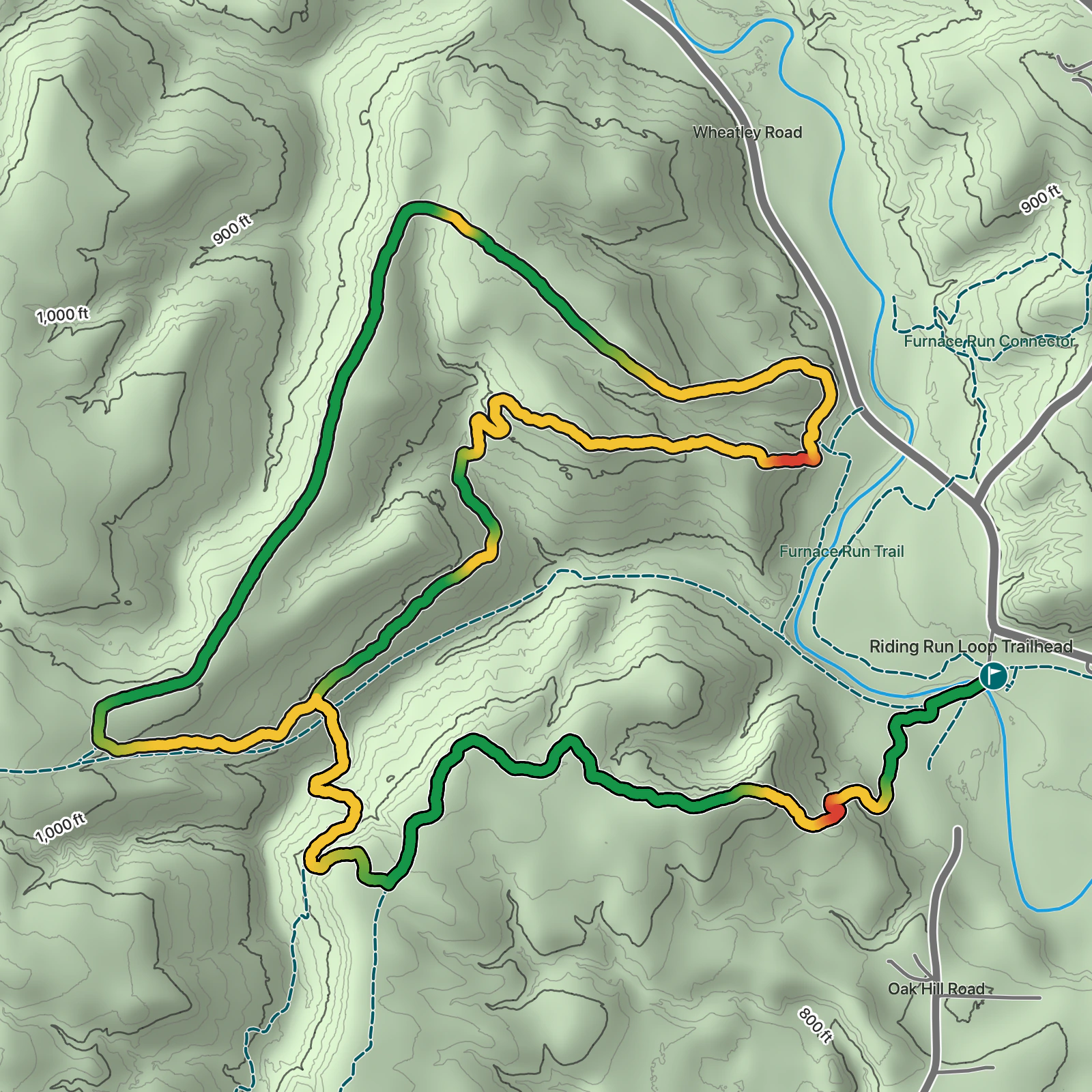 Terrain map of Riding Run Loop in Cuyahoga Valley National Park
