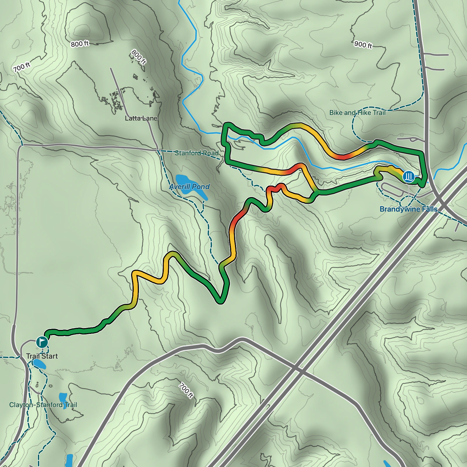 Terrain map of Stanford House to Brandywine Falls in Cuyahoga Valley National Park