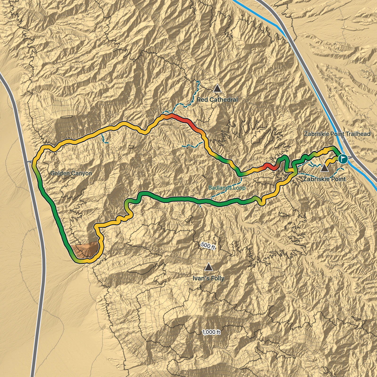 Terrain map of Golden Canyon, Gower Gulch, and Zabriskie Point Loop in Death Valley National Park
