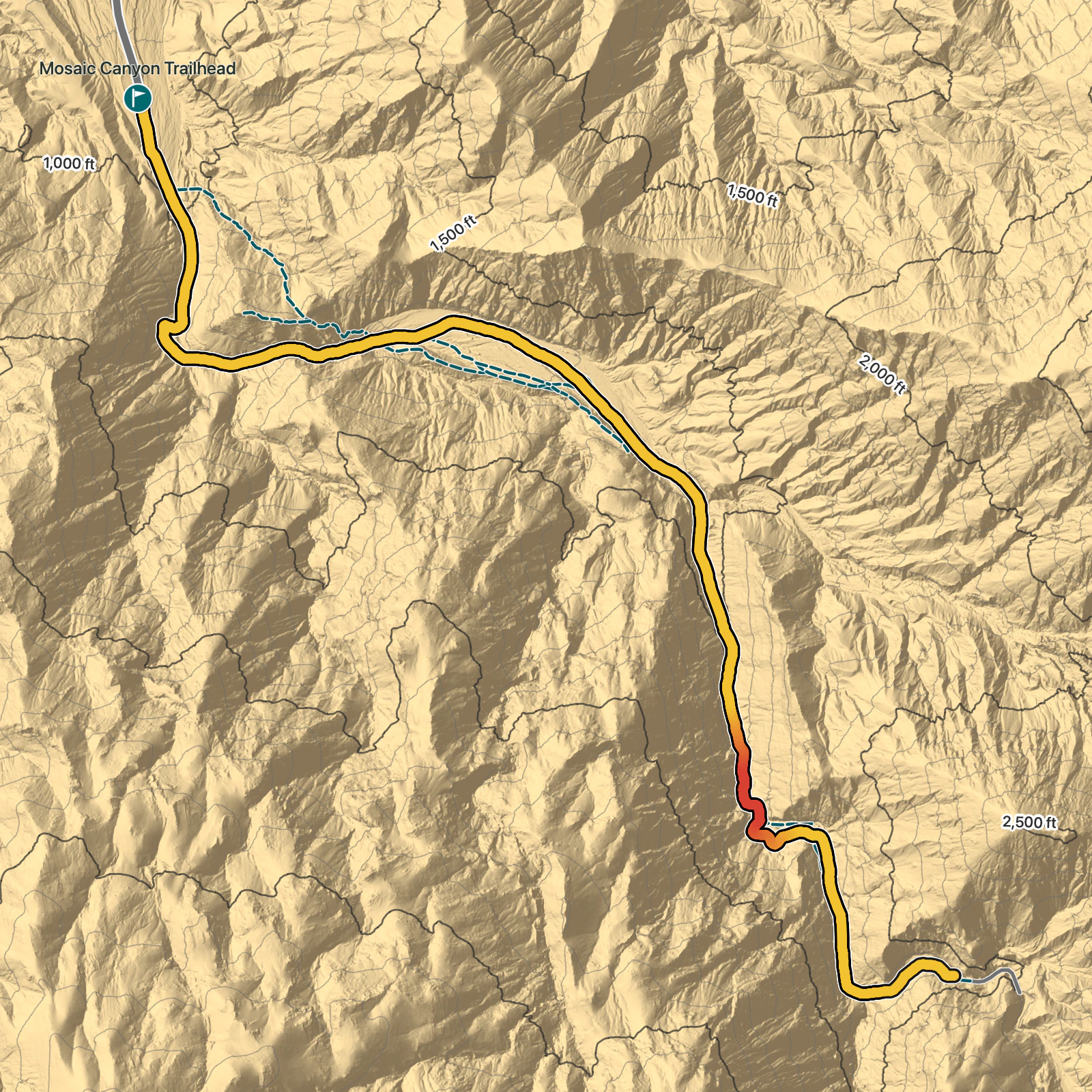 Terrain map of Mosaic Canyon Trail in Death Valley National Park