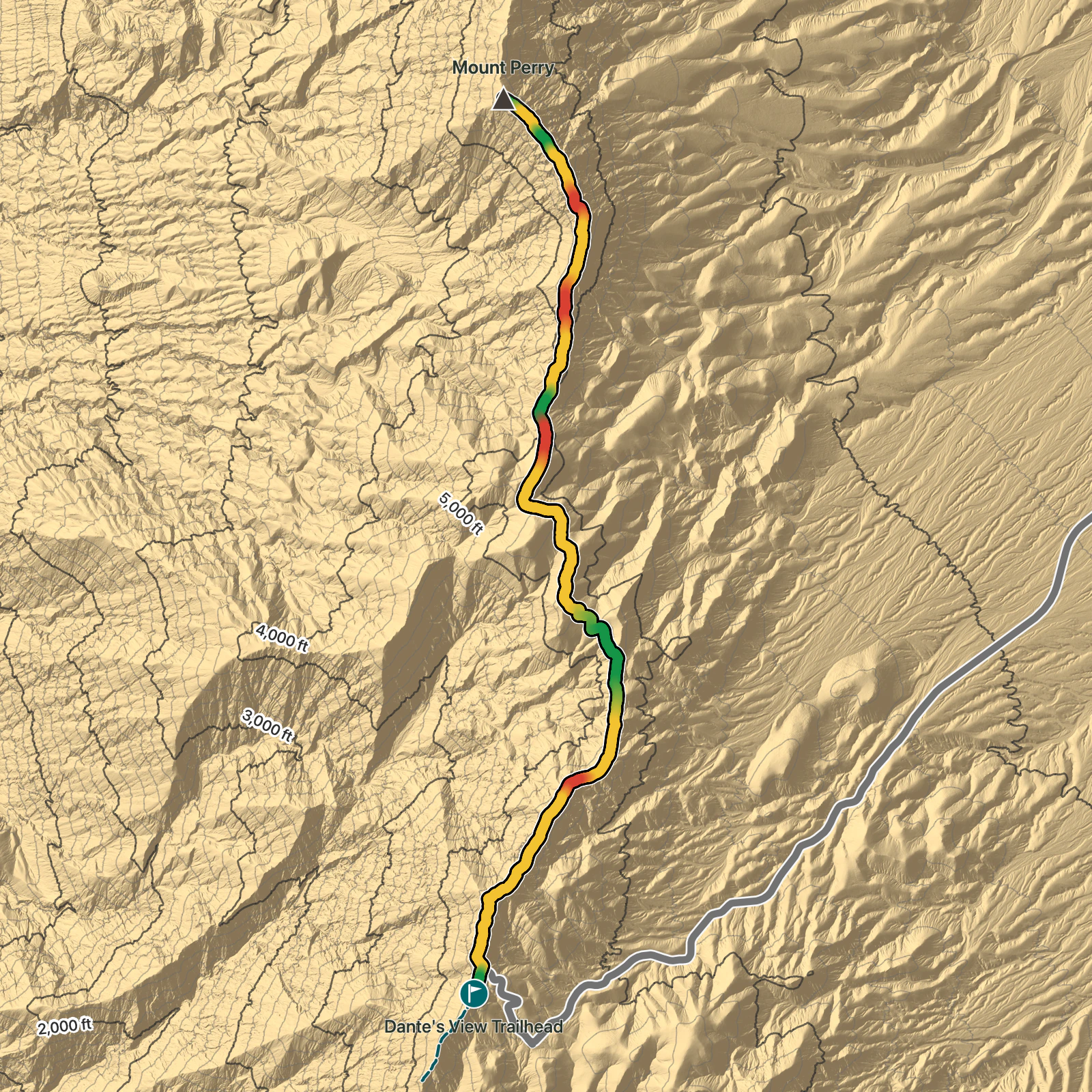 Terrain map of Mount Perry via Dante's Ridge in Death Valley National Park