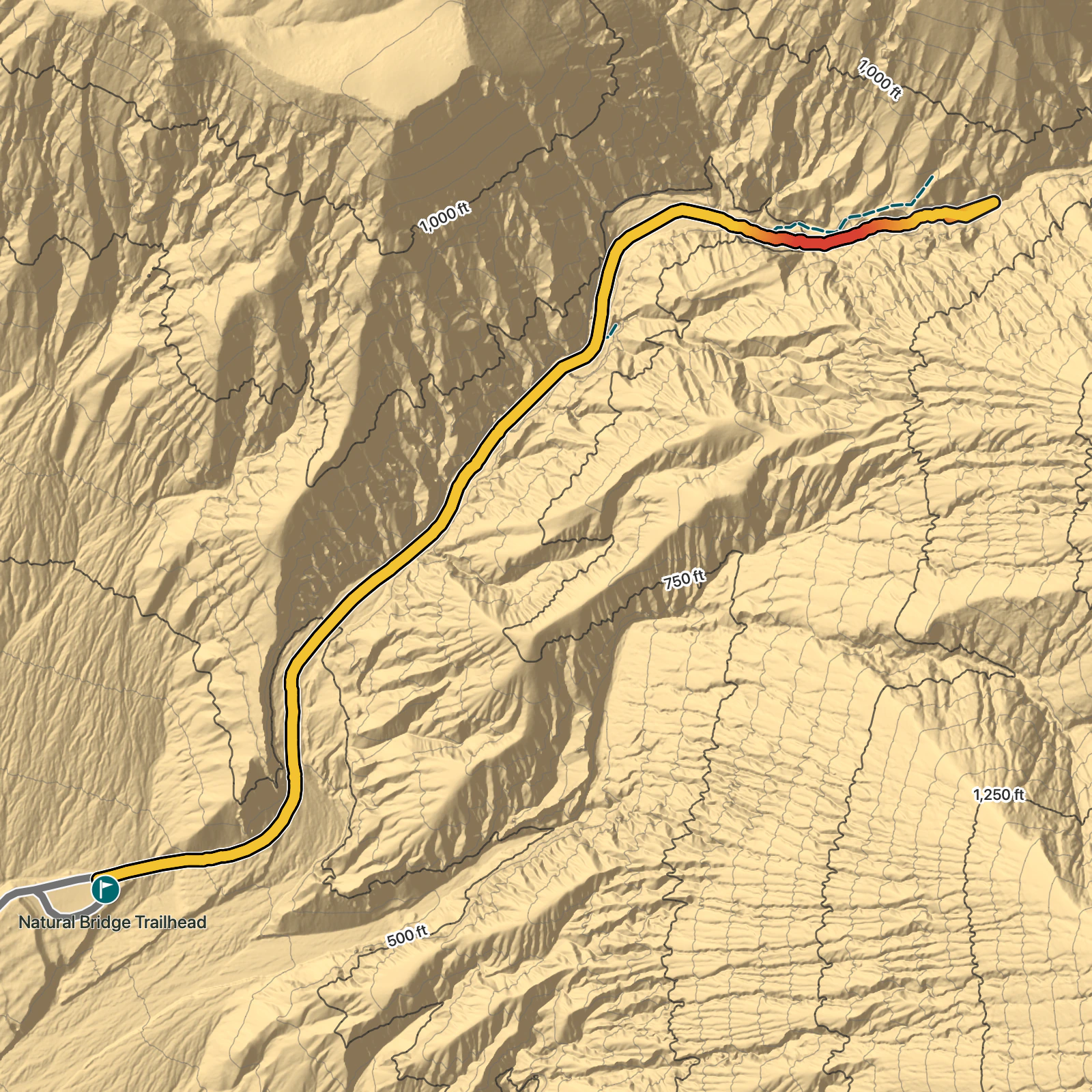 Terrain map of Natural Bridge Canyon Trail in Death Valley National Park