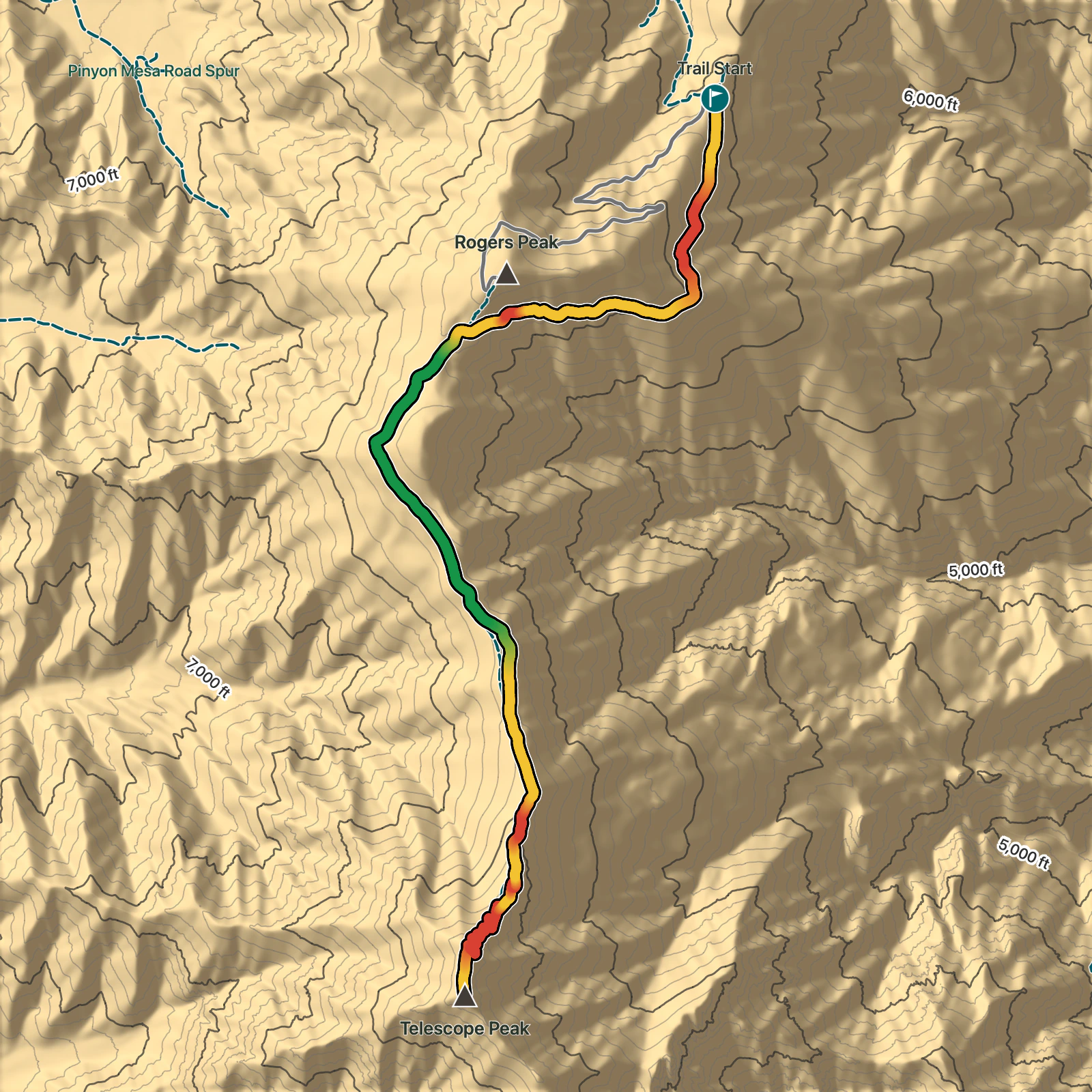 Terrain map of Telescope Peak Trail in Death Valley National Park