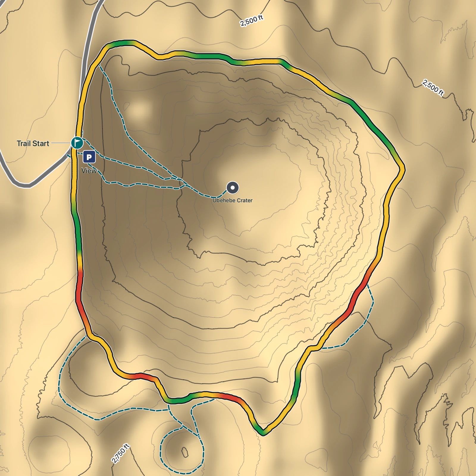 Terrain map of Ubehebe and Little Hebe Crater Trail in Death Valley National Park
