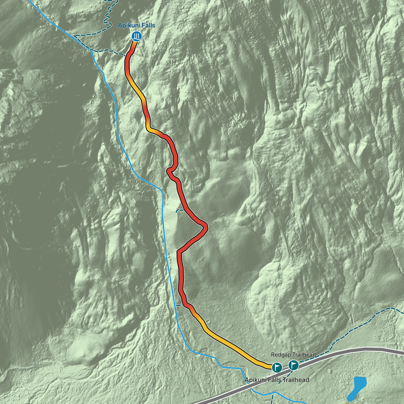 Terrain map of Apikuni Falls in Glacier National Park