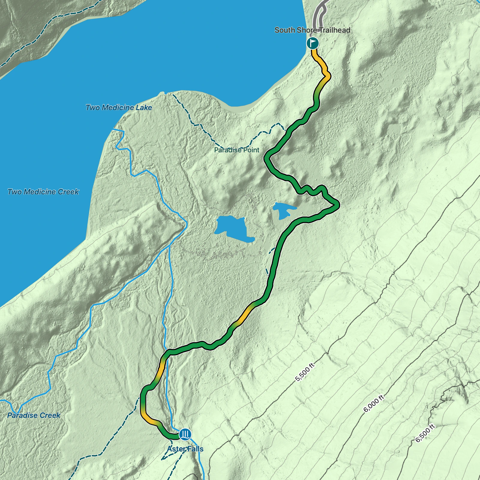 Terrain map of Aster Falls in Glacier National Park