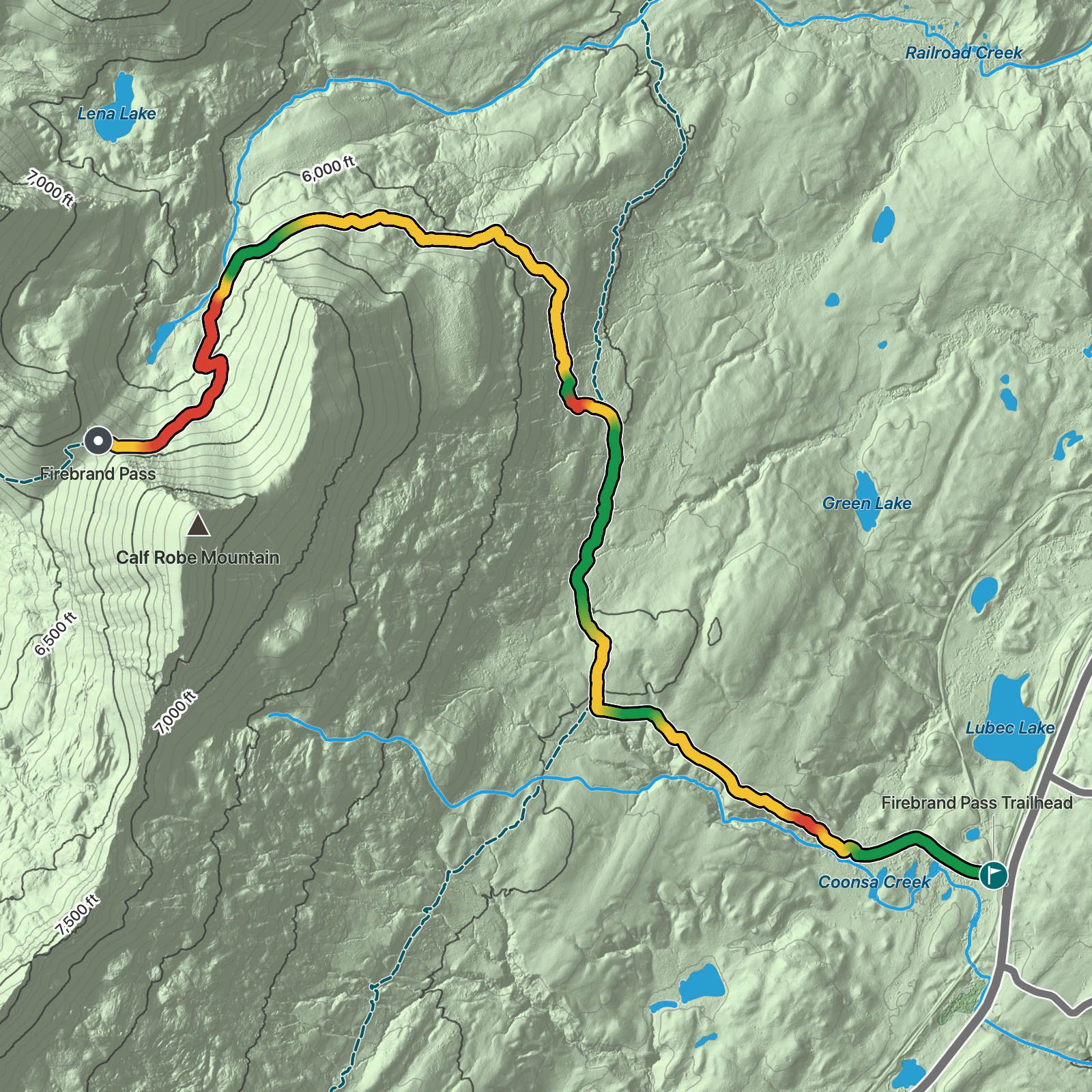 Terrain map of Firebrand Pass in Glacier National Park