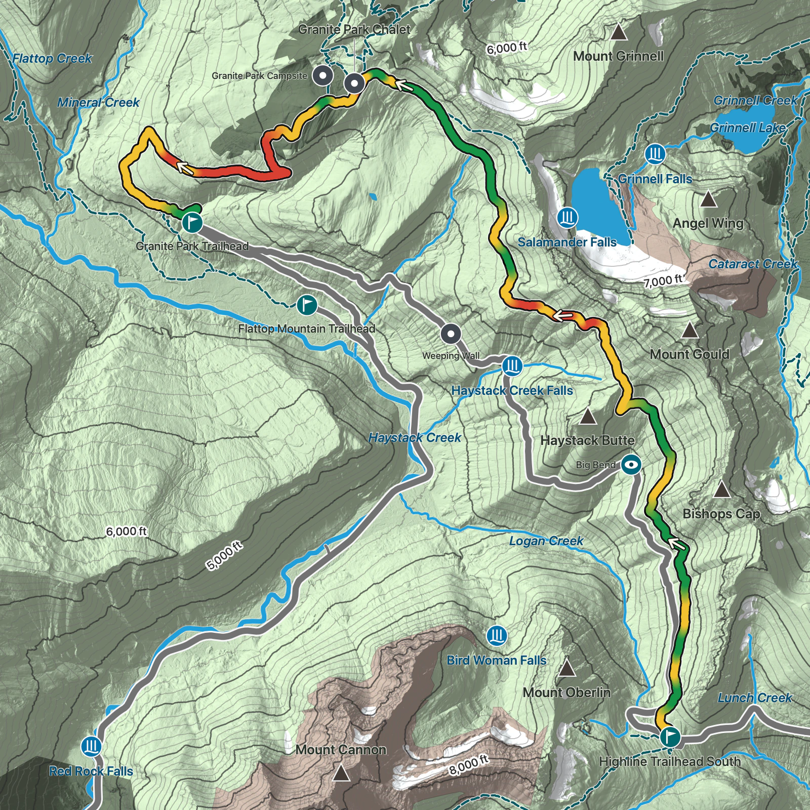 Terrain map of Granite Park Chalet via Highline and Granite Park Trail in Glacier National Park