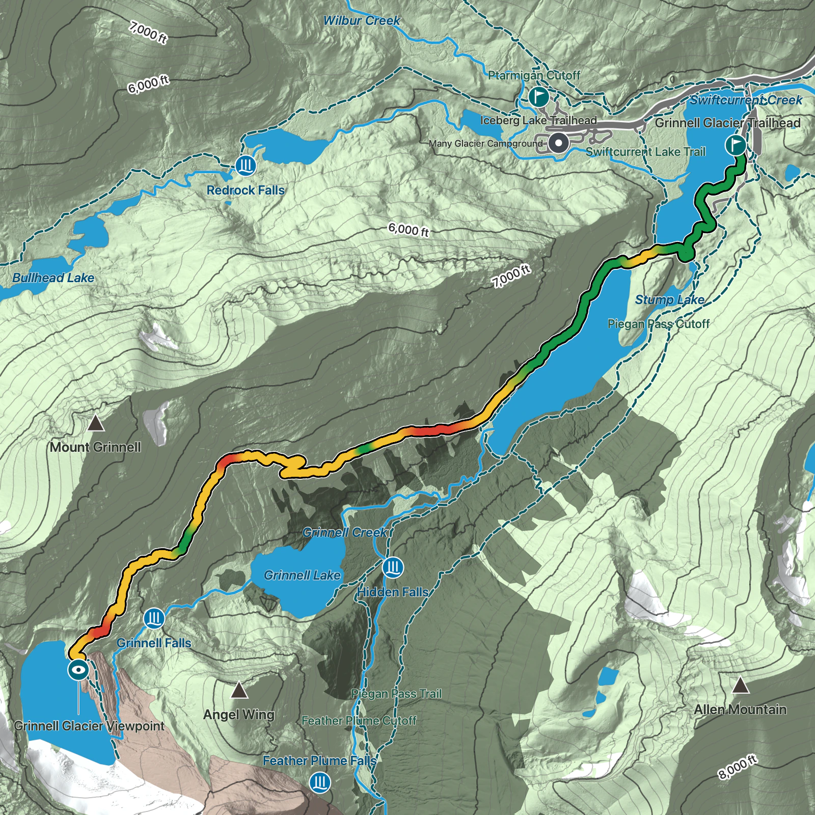 Terrain map of Grinnell Glacier Trail in Glacier National Park