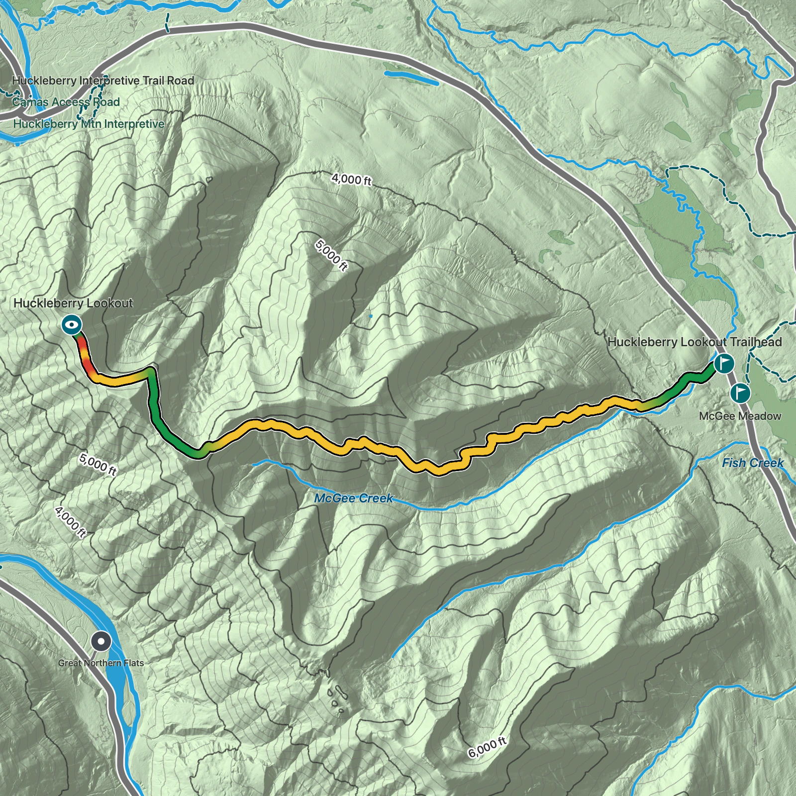 Terrain map of Huckleberry Lookout in Glacier National Park