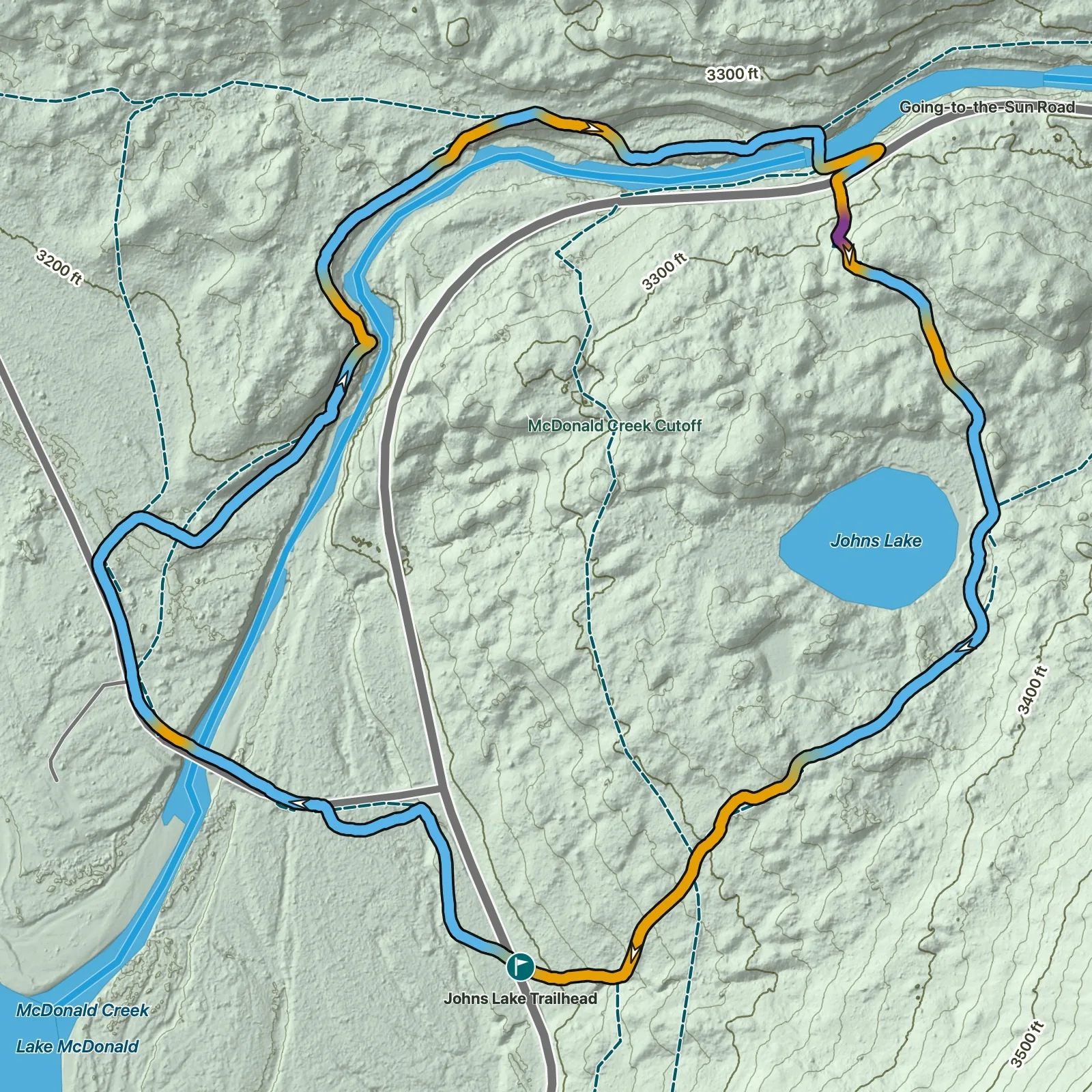 Terrain map of Johns Lake Loop in Glacier National Park