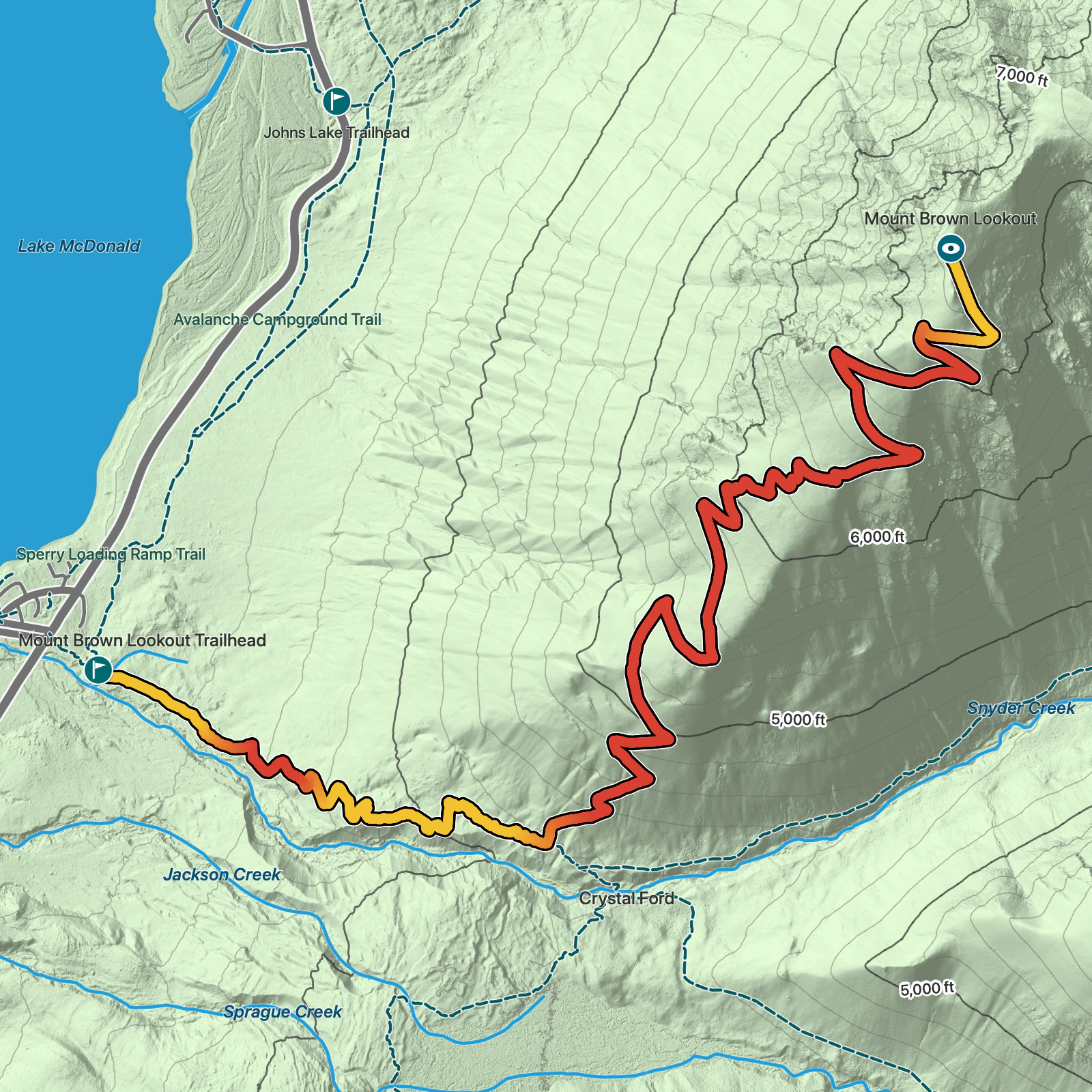 Terrain map of Mount Brown Lookout in Glacier National Park