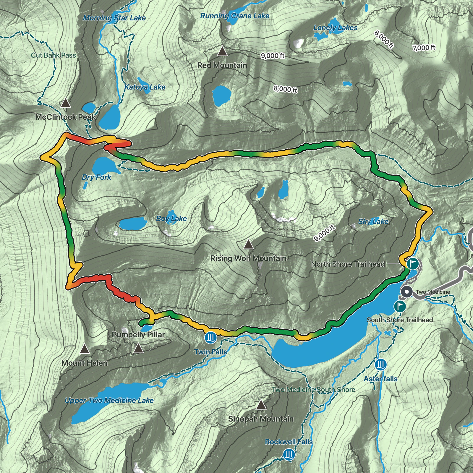 Terrain map of Pitamakan–Dawson Loop in Glacier National Park