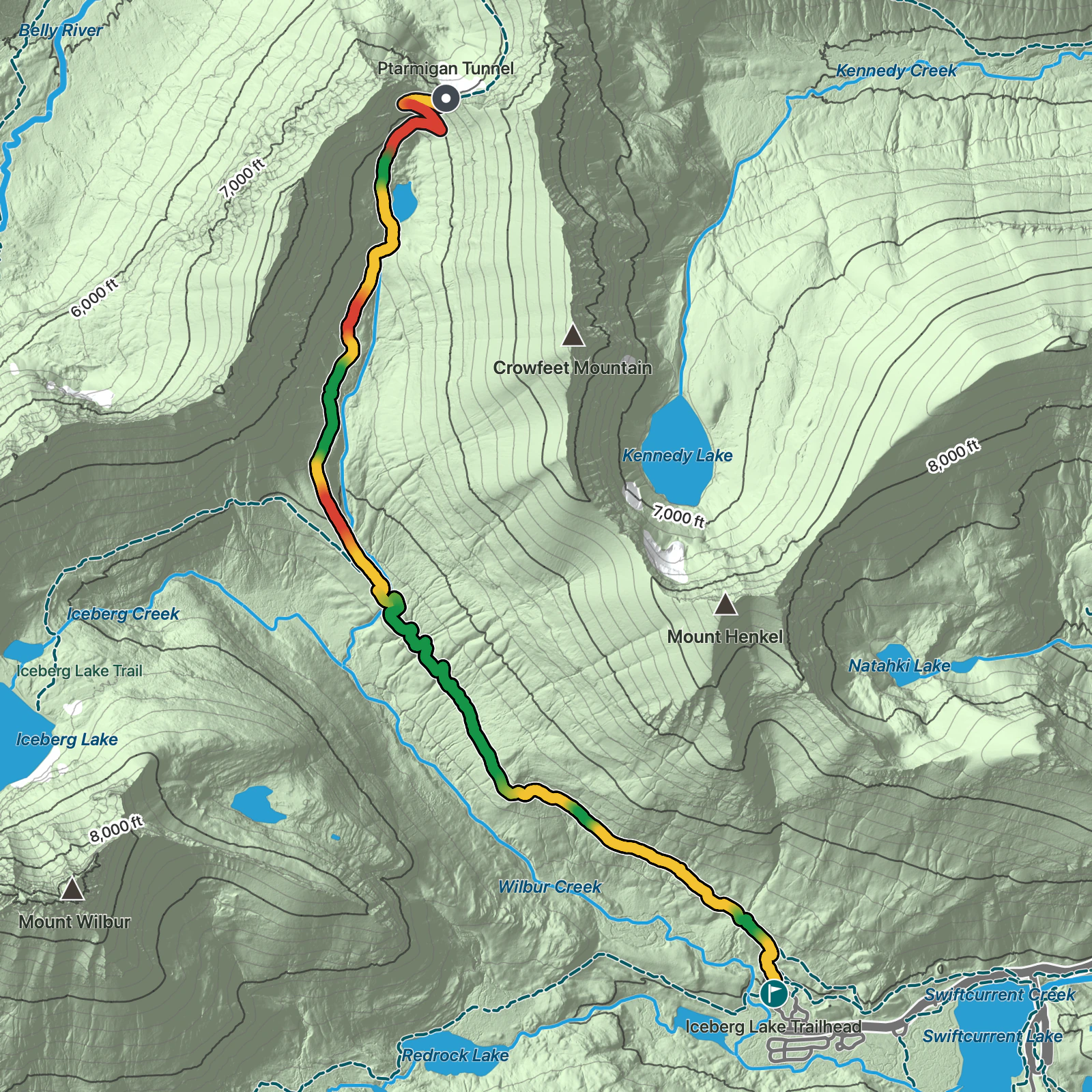 Terrain map of Ptarmigan Tunnel in Glacier National Park