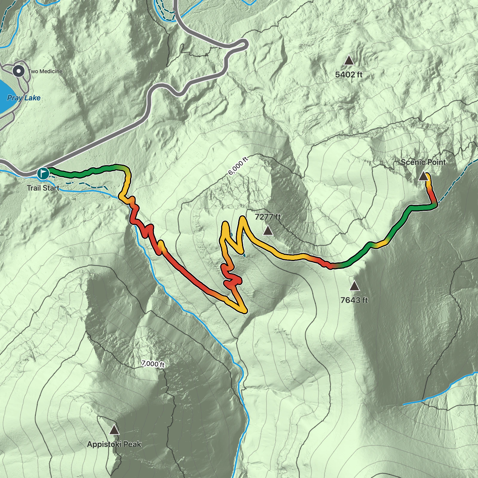 Terrain map of Scenic Point Trail in Glacier National Park