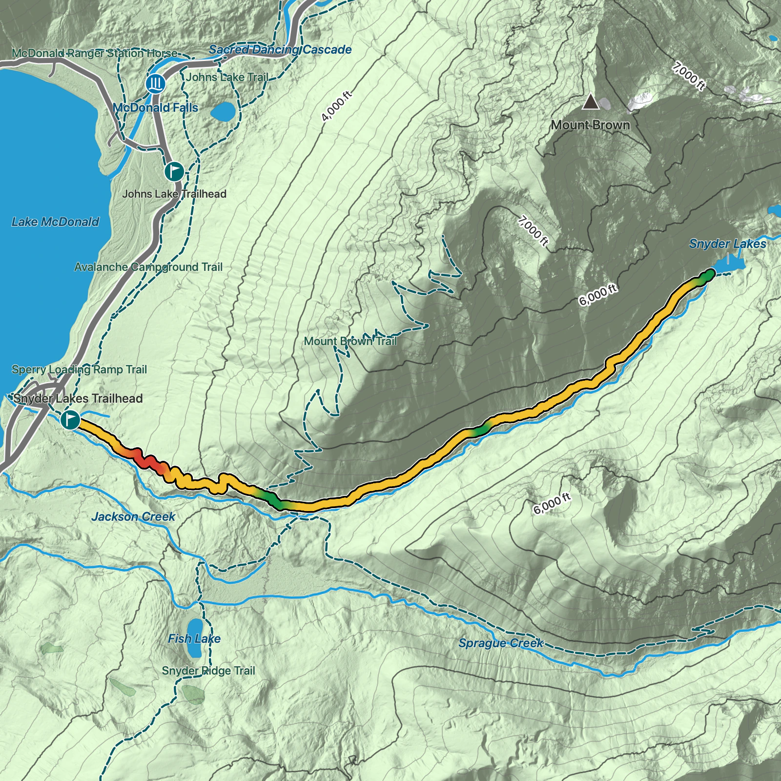 Terrain map of Snyder Lakes in Glacier National Park