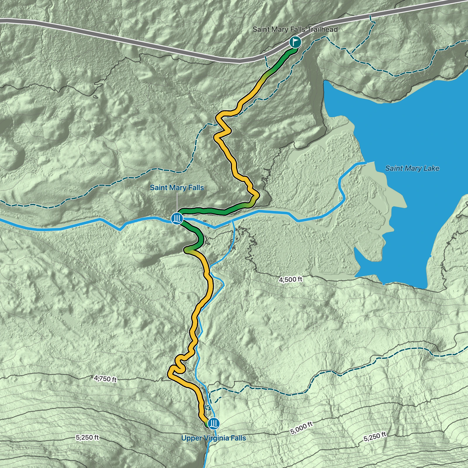 Terrain map of Saint Mary and Virginia Falls in Glacier National Park