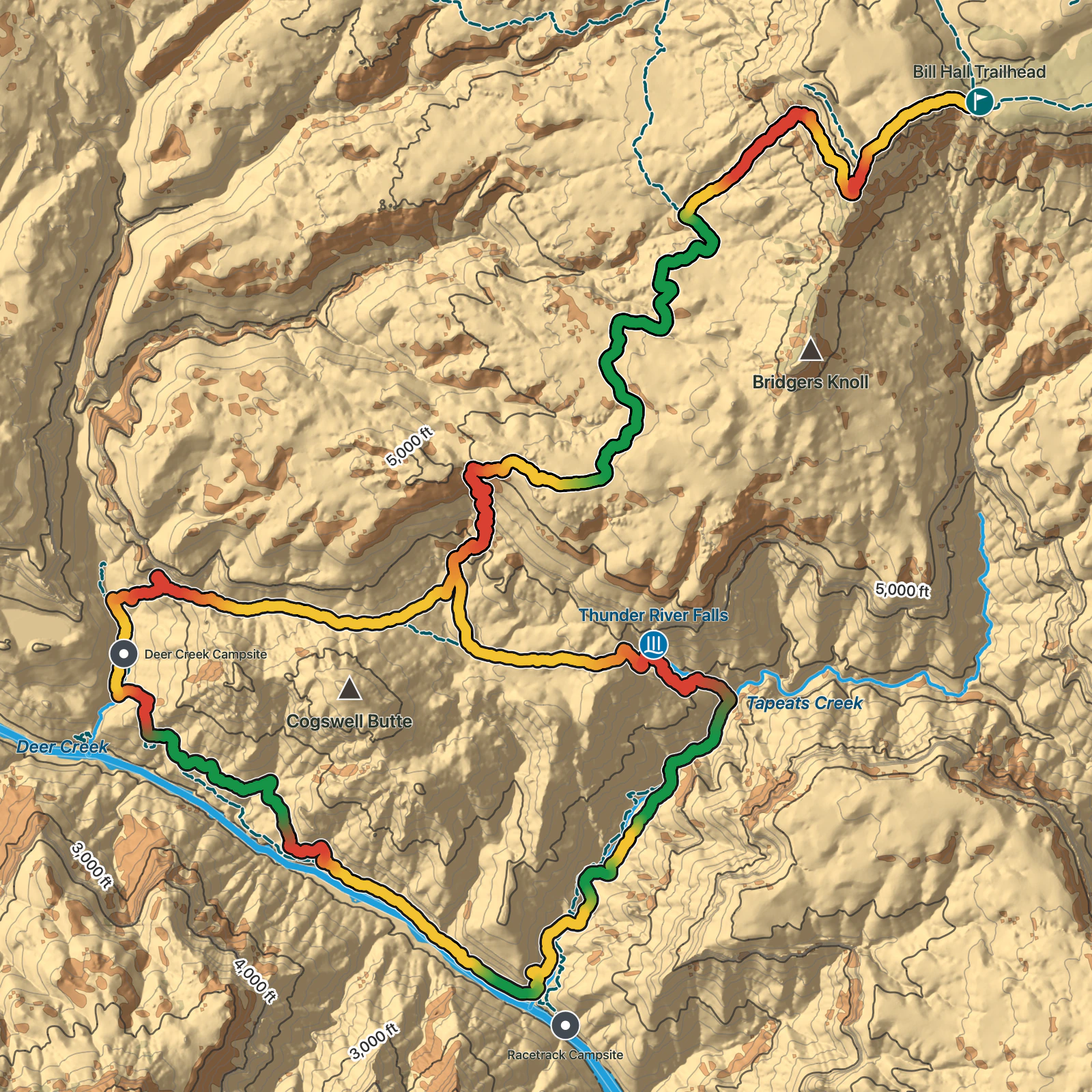 Terrain map of Bill Hall Trail Loop in Grand Canyon National Park