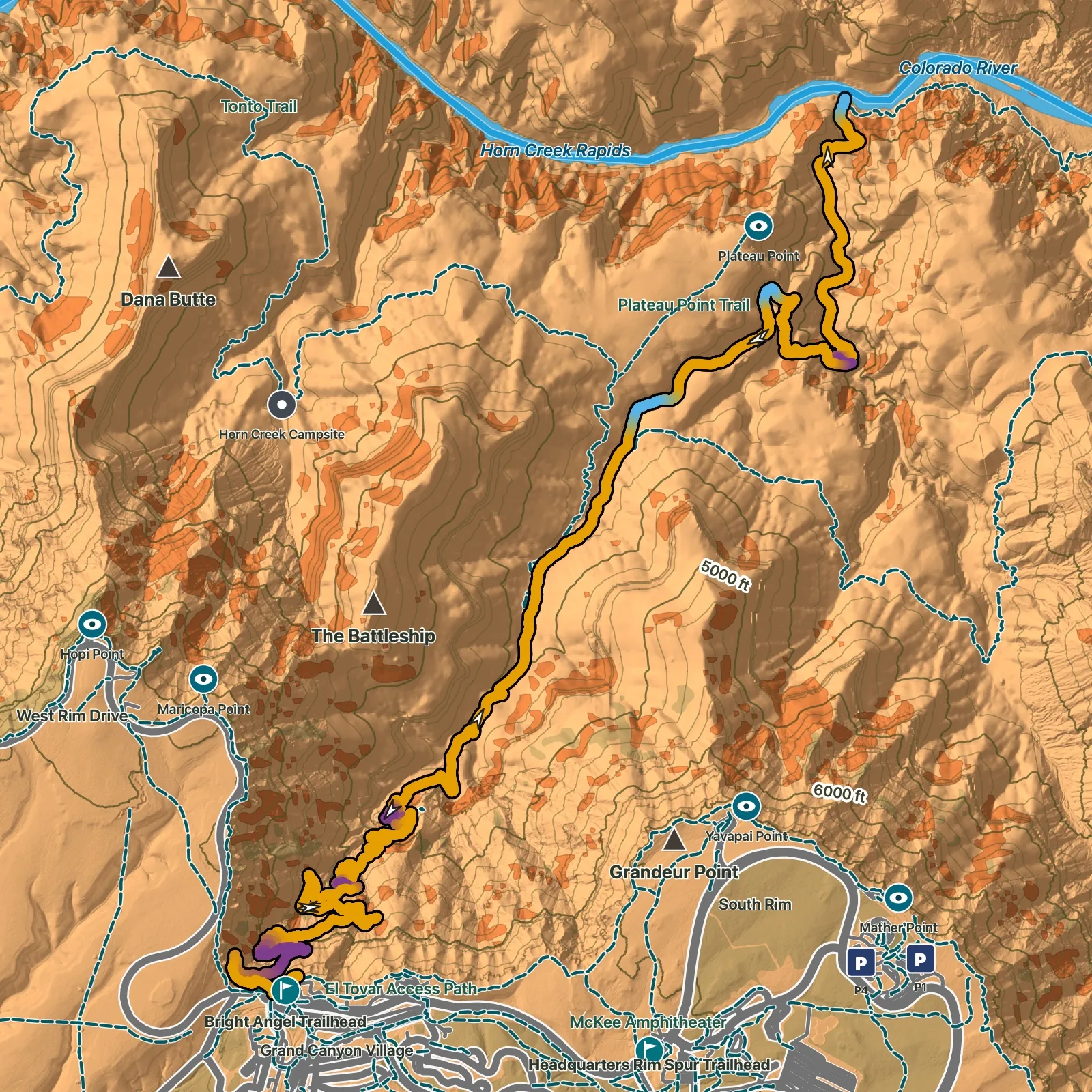 Terrain map of Bright Angel Trail in Grand Canyon National Park