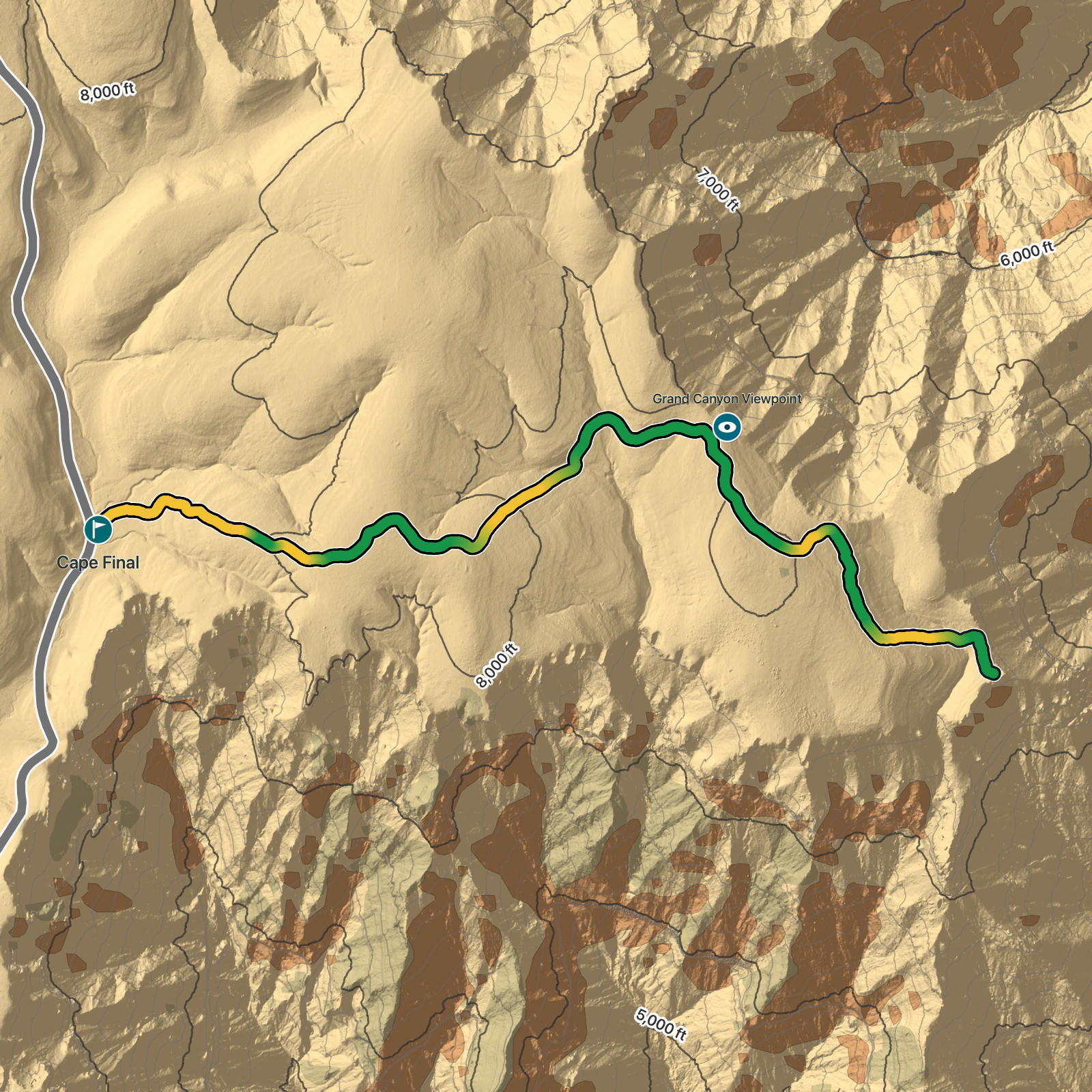 Terrain map of Cape Final Trail in Grand Canyon National Park