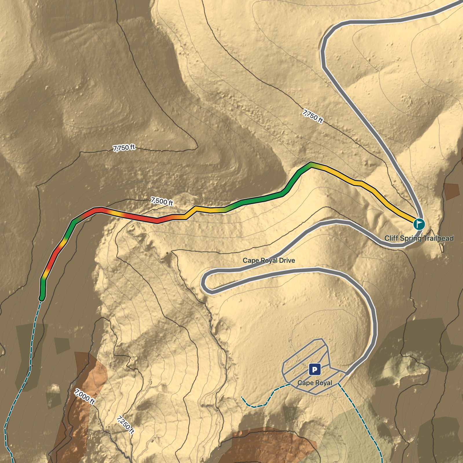 Terrain map of Cliff Spring Trail in Grand Canyon National Park