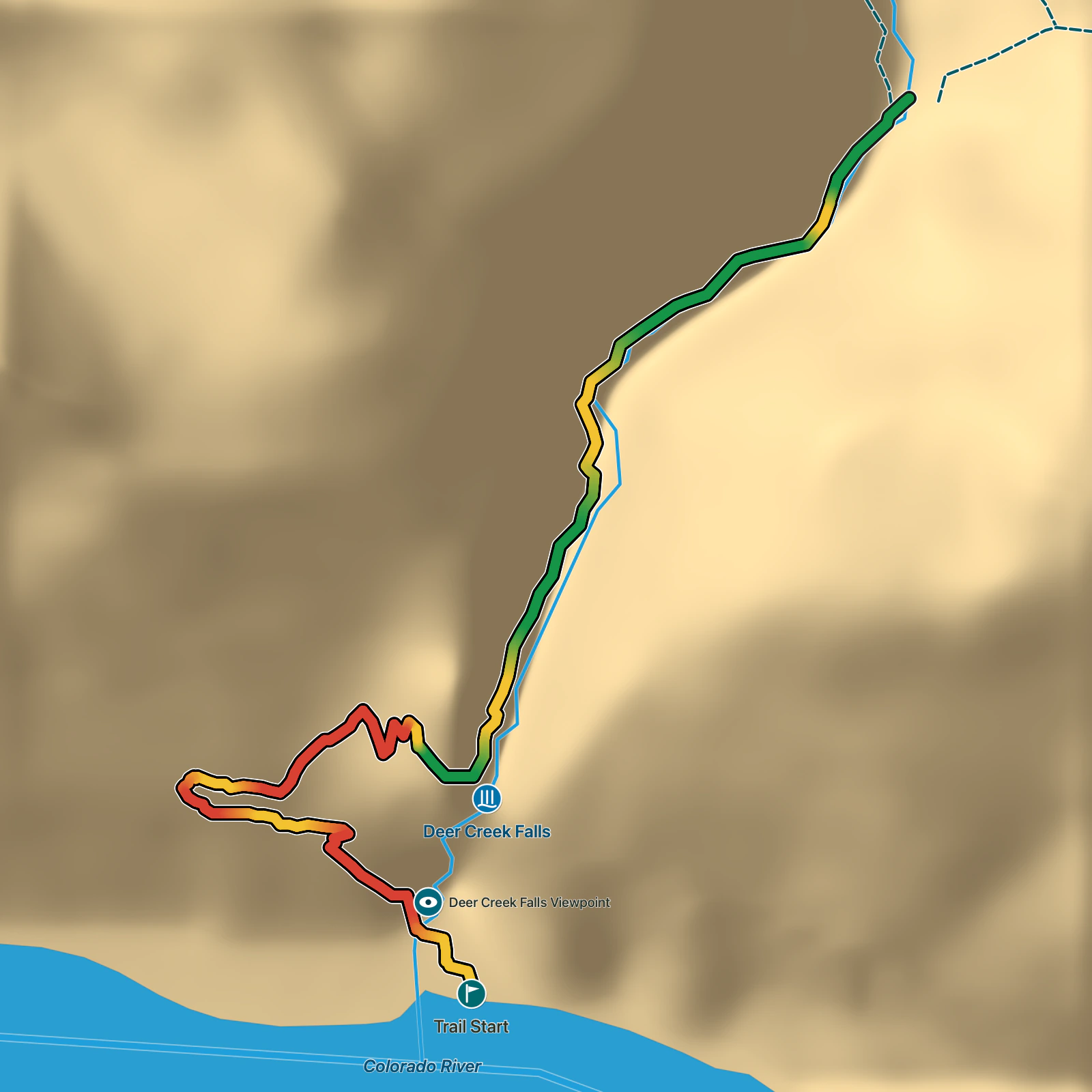 Terrain map of Deer Creek Trail via the Colorado River in Grand Canyon National Park