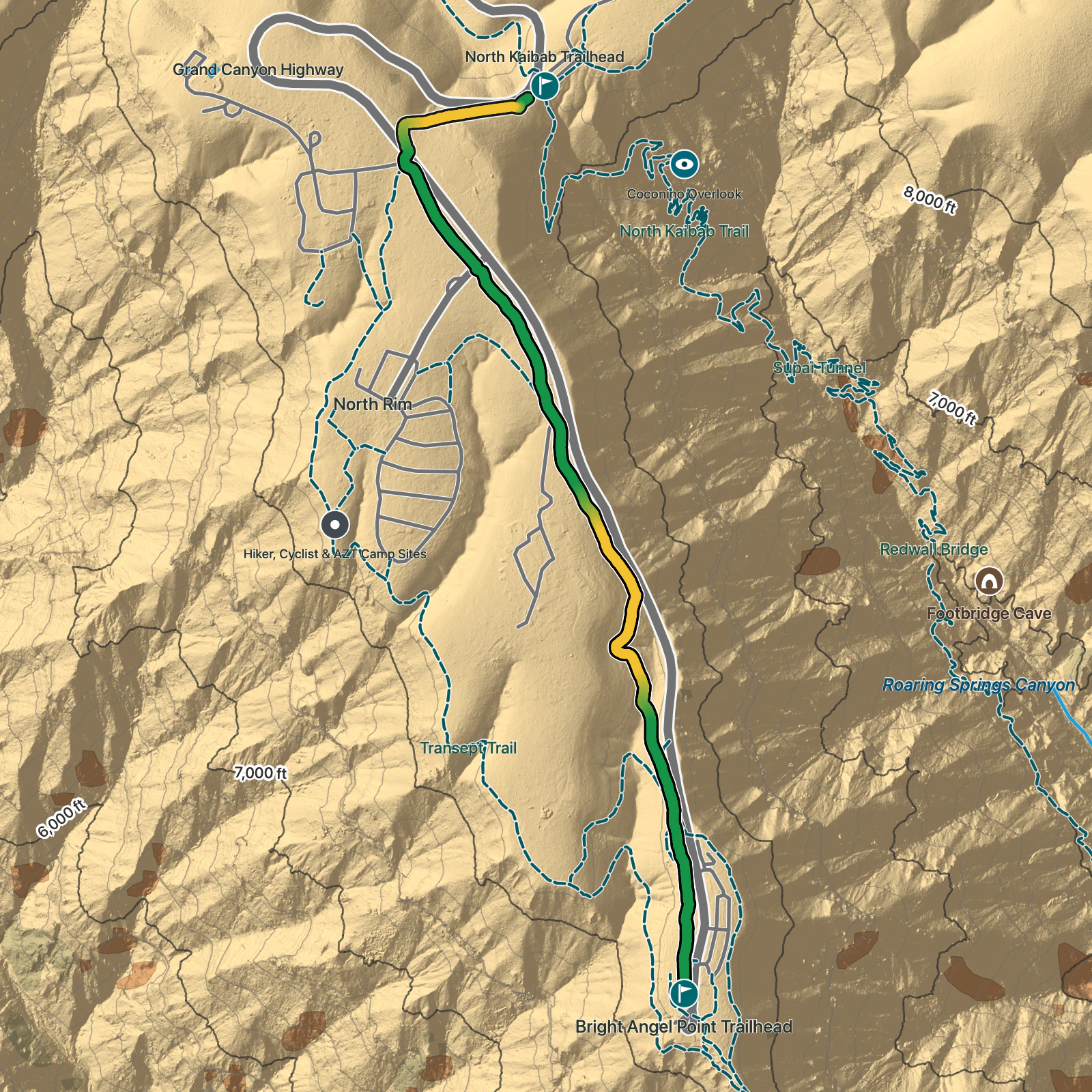 Terrain map of Grand Canyon Bridle Path in Grand Canyon National Park