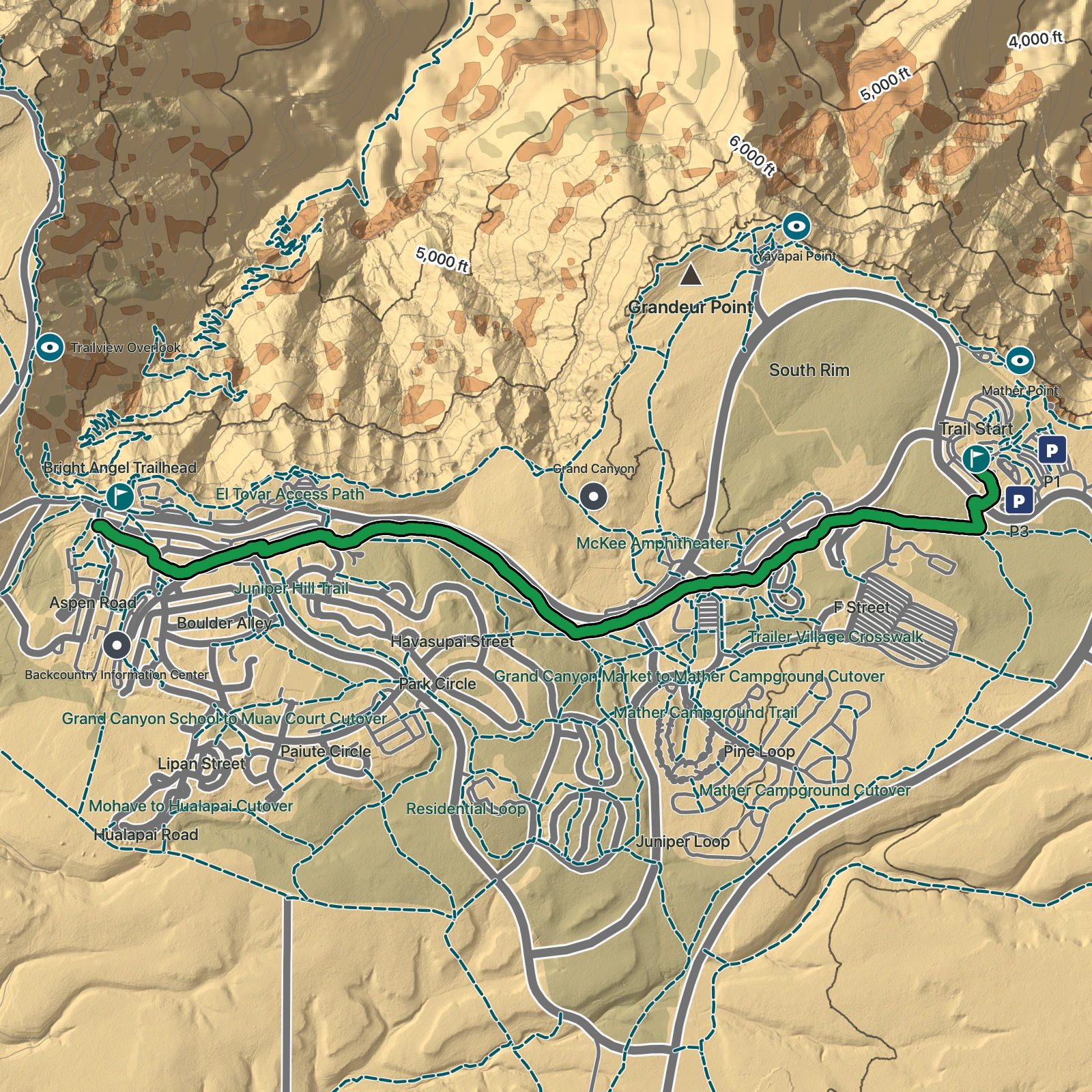 Terrain map of Greenway: Visitor Center to Grand Canyon Village in Grand Canyon National Park