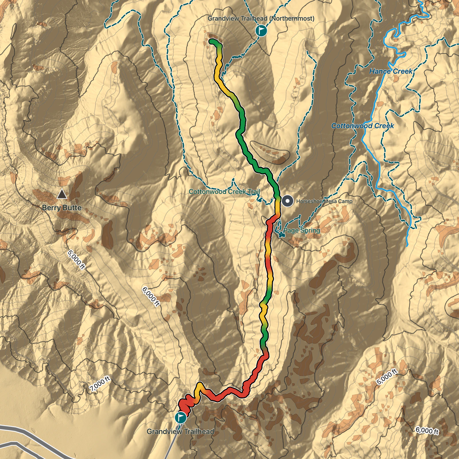 Terrain map of Grandview Trail in Grand Canyon National Park