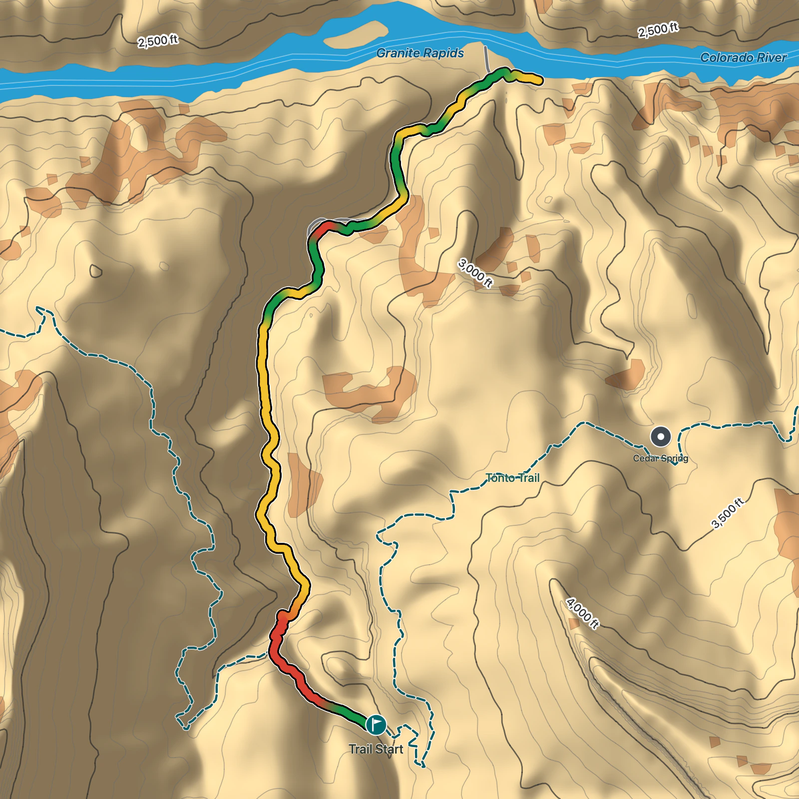Terrain map of Granite Rapids via Monument Creek Trail in Grand Canyon National Park