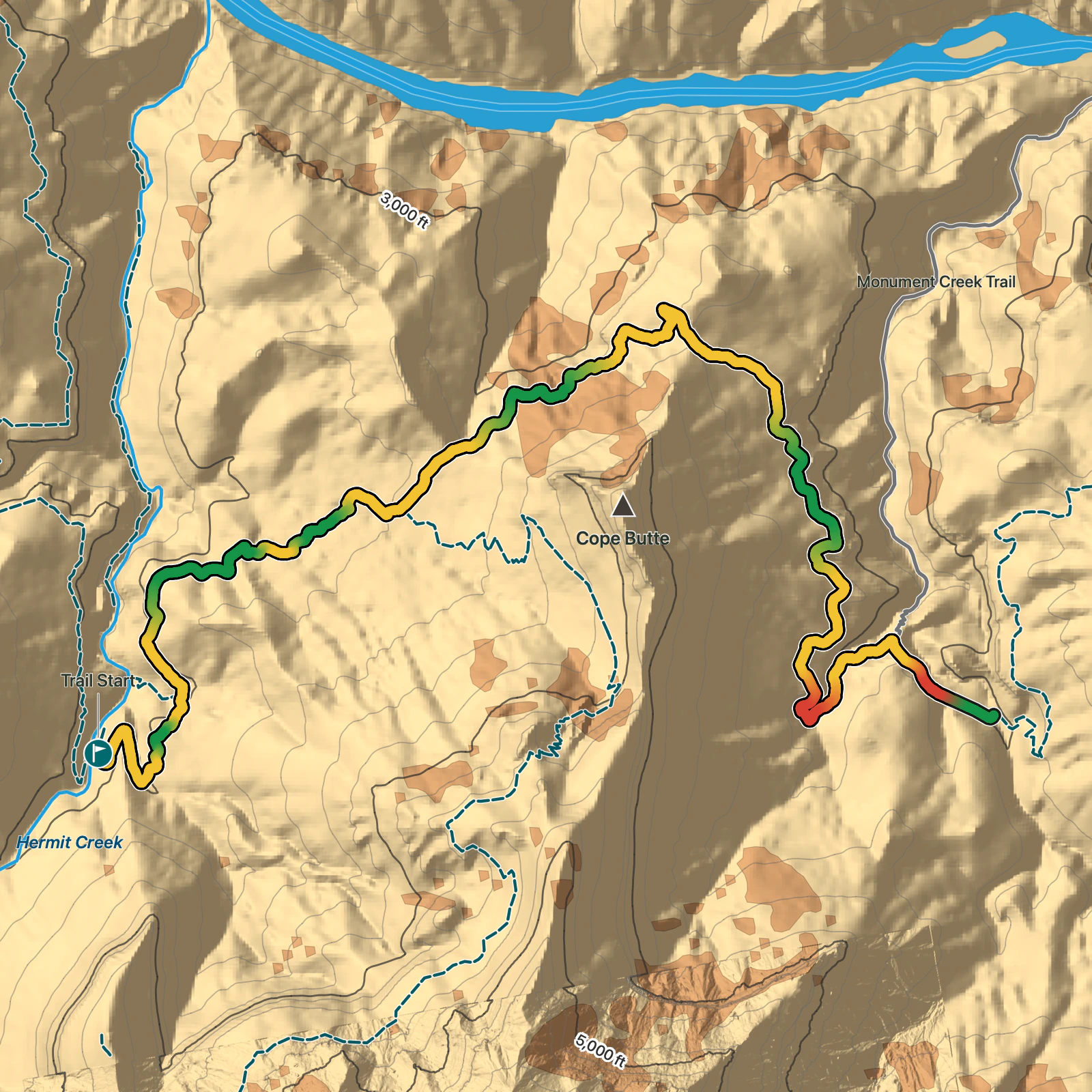 Terrain map of Hermit Camp to Monument Creek via Tonto Trail in Grand Canyon National Park
