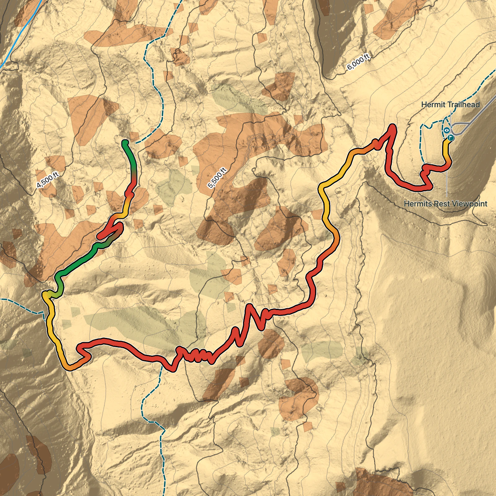 Terrain map of Hermit Rest to Santa Maria Spring in Grand Canyon National Park
