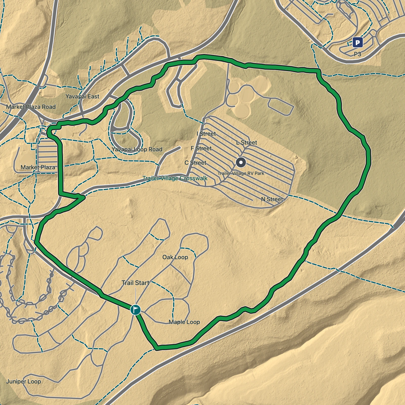 Terrain map of Mather Campground Trail in Grand Canyon National Park