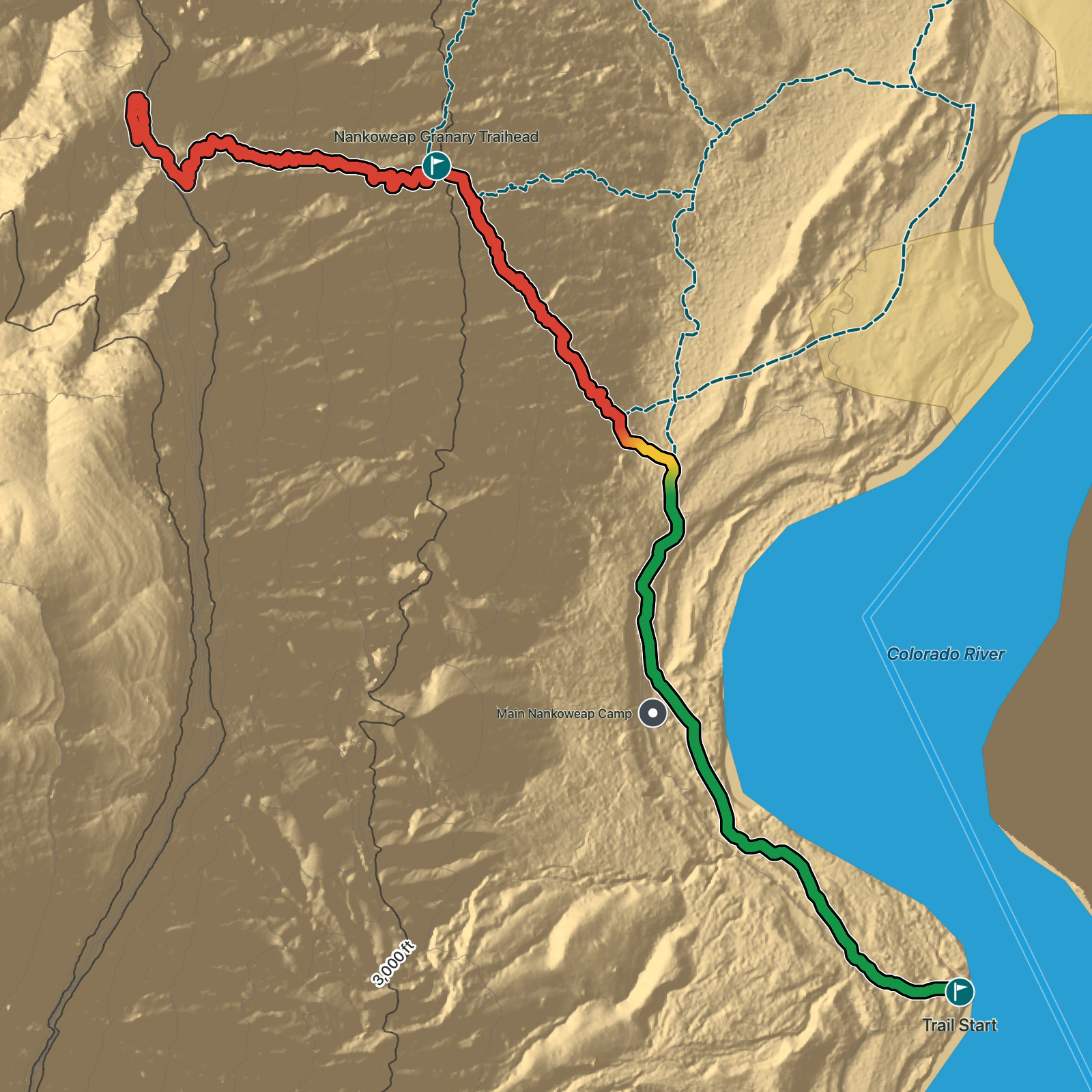 Terrain map of Nankoweap Granaries in Grand Canyon National Park
