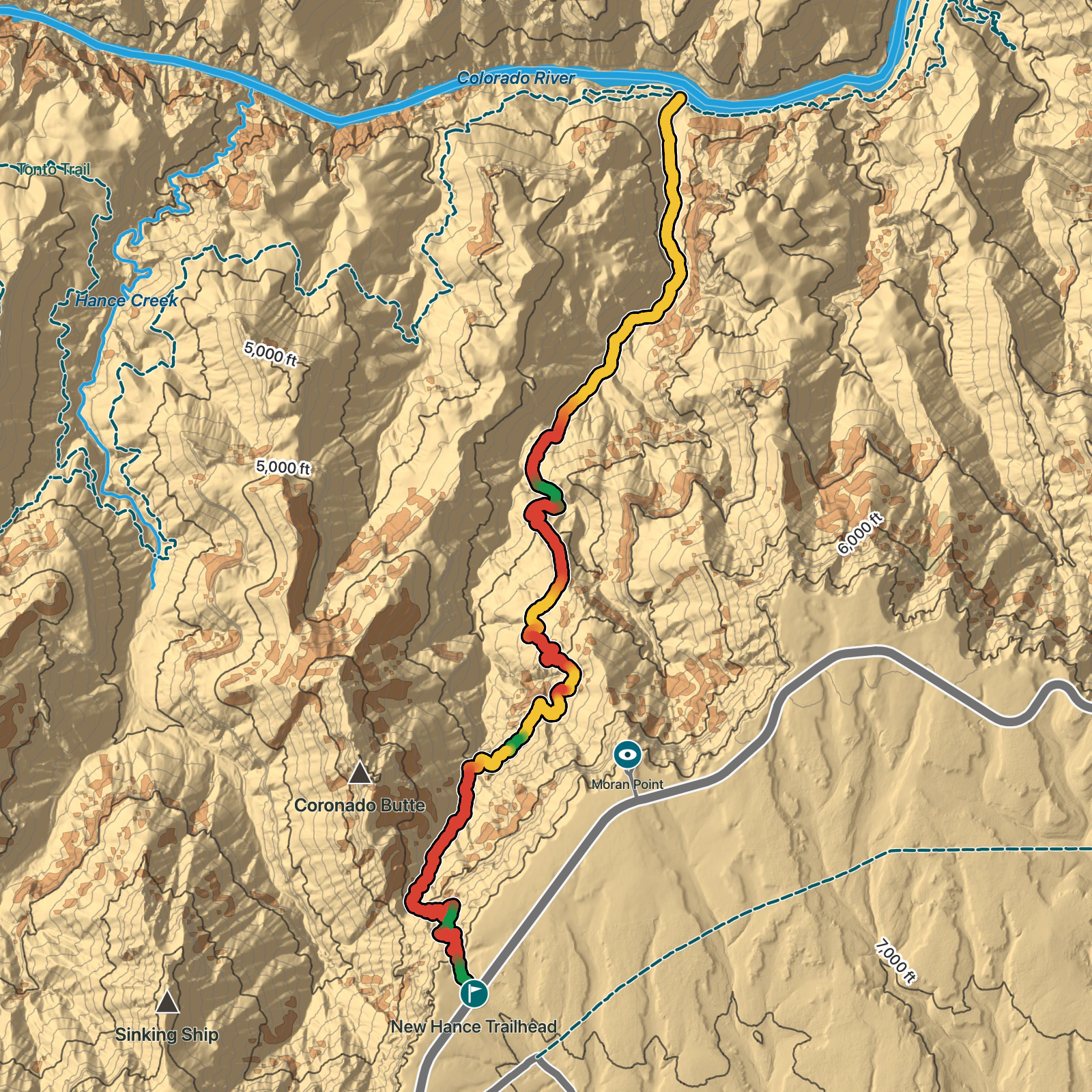 Terrain map of New Hance Trail in Grand Canyon National Park