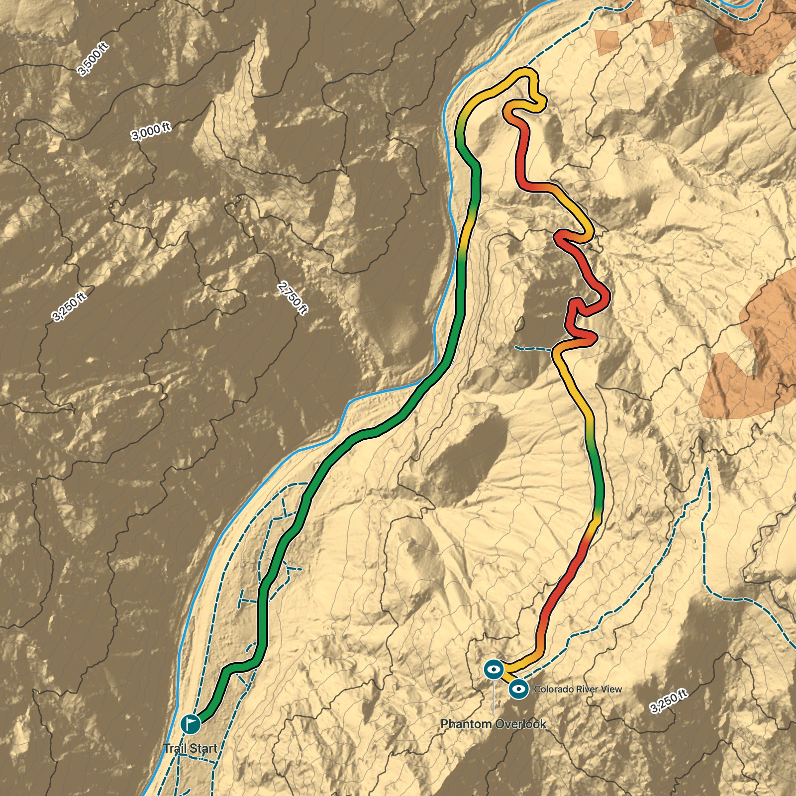 Terrain map of Phantom Ranch to Phantom Overlook in Grand Canyon National Park